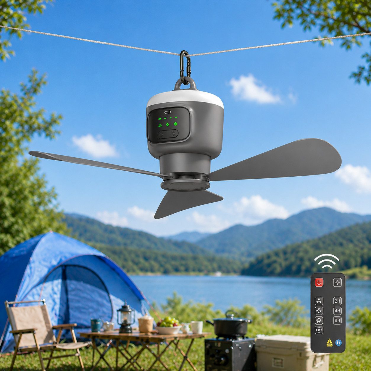 Rosnek Deckenventilator mit Beleuchtung, grau, tragbar, 4 Stufen, Fernbedienung,7-16h Laufzeit, 12000mAh, leise, für Zelt, Pavillon, Terrasse, Wohnmobil & Büro