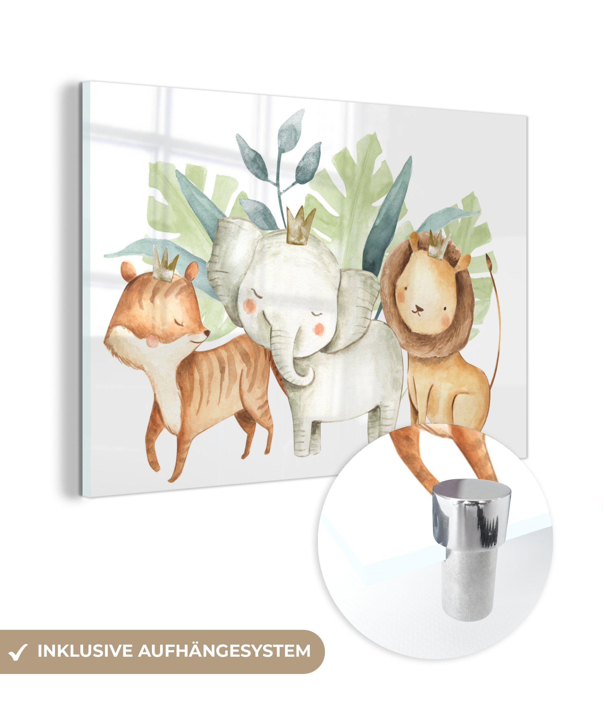 MuchoWow Acrylglasbild Dschungel - Elefant - Fuchs - Löwe, (1 St), Acrylglasbilder Wohnzimmer & Schlafzimmer