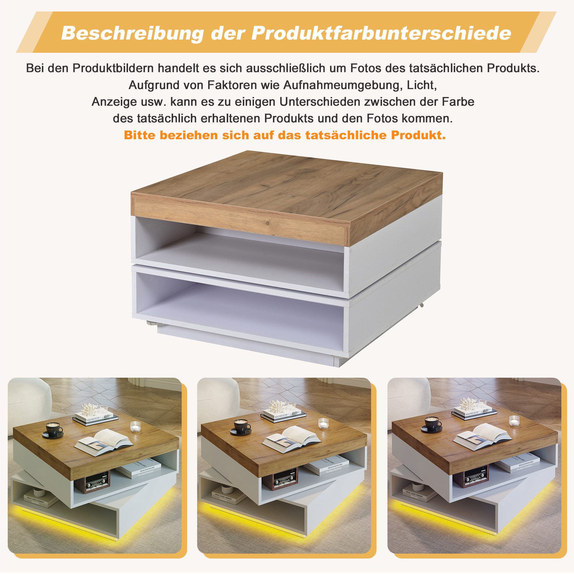REDOM Couchtisch Quadratischer Couchtisch (65x65x40 cm) mit 360° Drehplatte & LED (Packung, 1-St., Ideal auch für kleine Räume als vielseitiger Beistelltisch), In Weiß/Holzton, mit praktischem Freilagerbereich