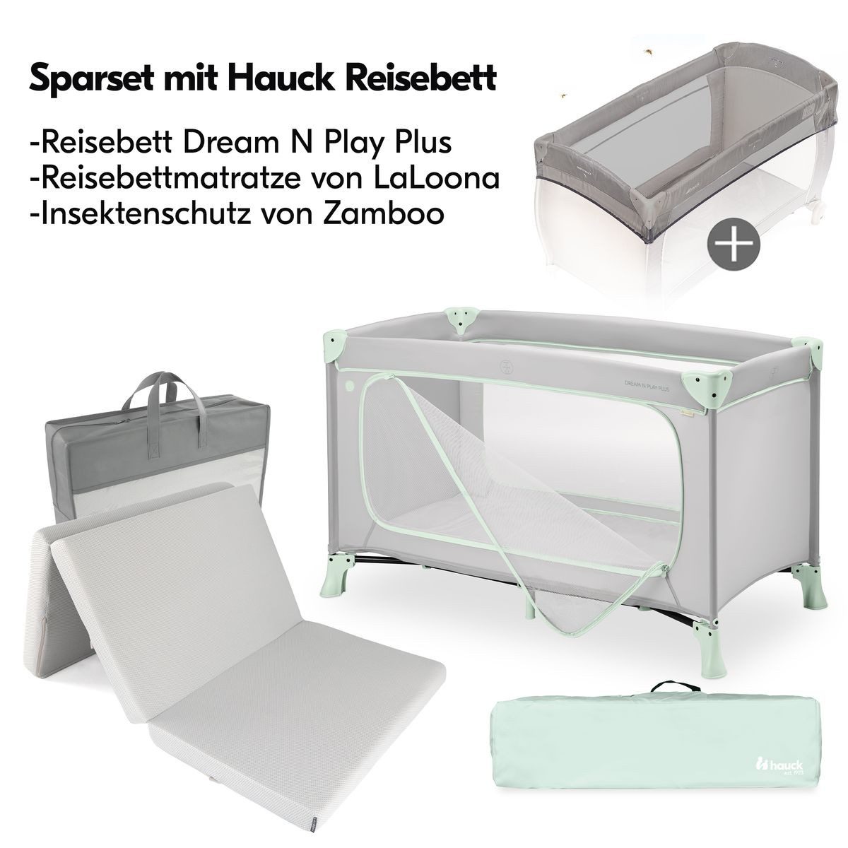 Hauck Baby-Reisebett Dream N Play Plus - Dusty Mint, Kinder Baby Reisebett mit großem Eingang, Matratze & Insektenschutz