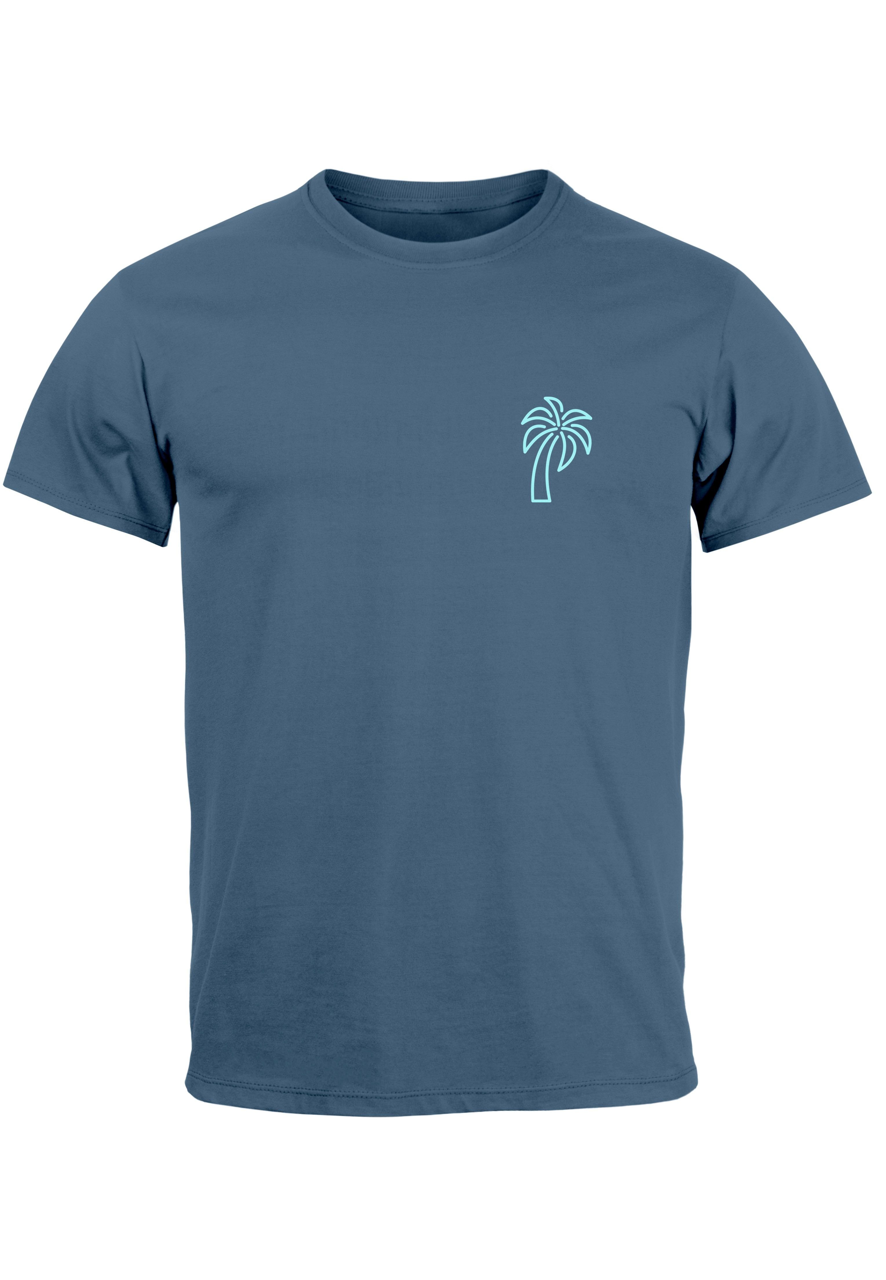 Neverless Print-Shirt Herren T-Shirt Palme Logo Print Sommer Badge Emblem Minimal Line Art F mit Print denim-blau