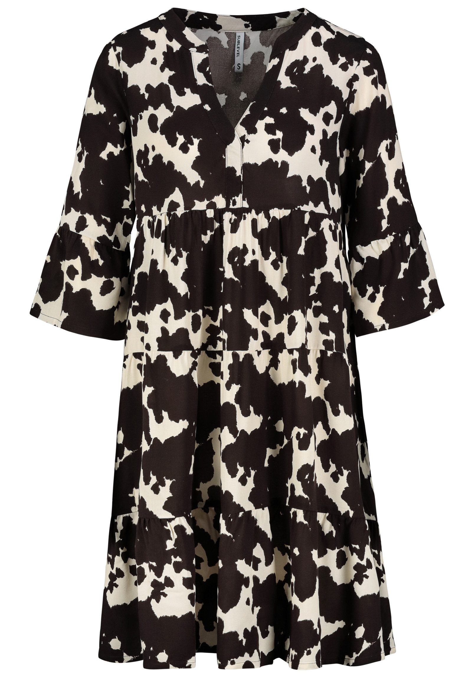 SUBLEVEL Shirtkleid Tropisches Muster, V-Ausschnitt, Rüschenärmel (knielang günstig online kaufen