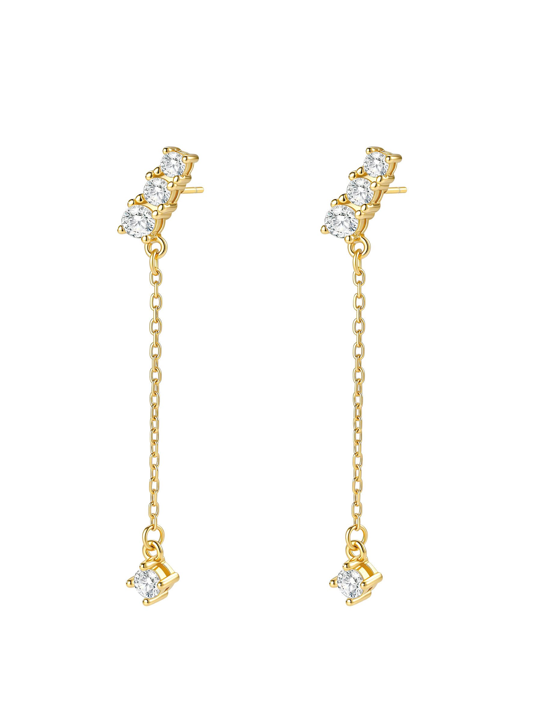 Hey Happiness Paar Ohrstecker 925 Silber, Damen lange 18K vergoldete Ketten-Ohrringe, Stecker in Gold, Rosegold & Silber mit Zirkonia