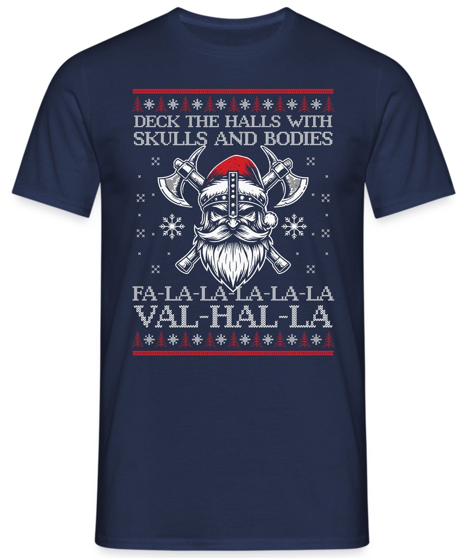 Quattro - Skulls Fa-La-La-La Wikinger X-mas Kurzarmshirt Valhalla Weihnachtsges Weihnachten Navy Formatee (1-tlg) Blau