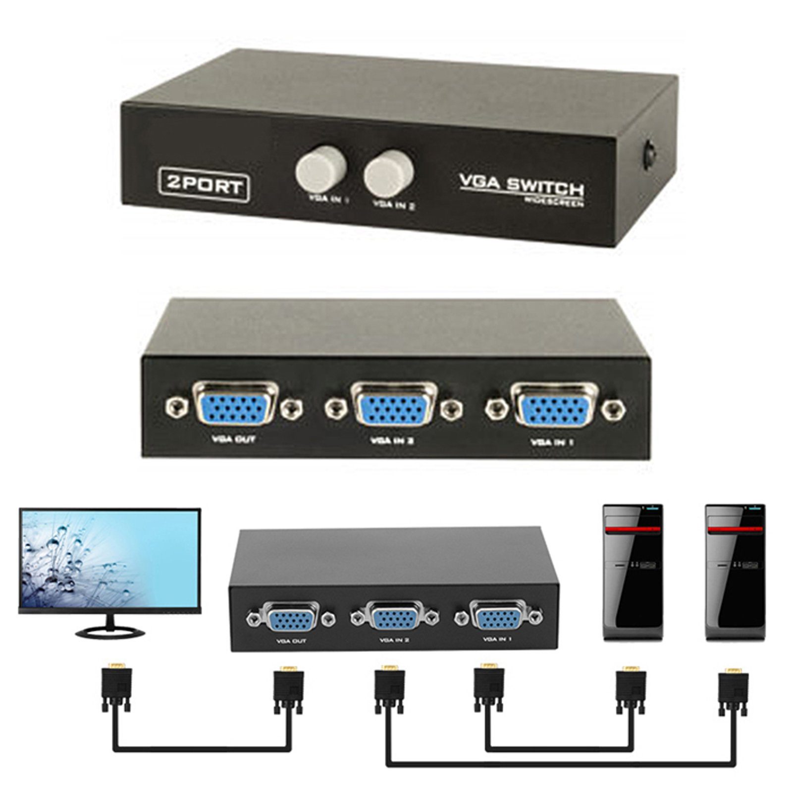 Bolwins VGA-Switch I07C VGA SVGA Monitor Switch Umschalter Verteiler 2in1 f PC TV Beamer, 2-Port VGA Umschalter, Plug & Play, Hot-Plug, Knopfdruck-Umschaltung