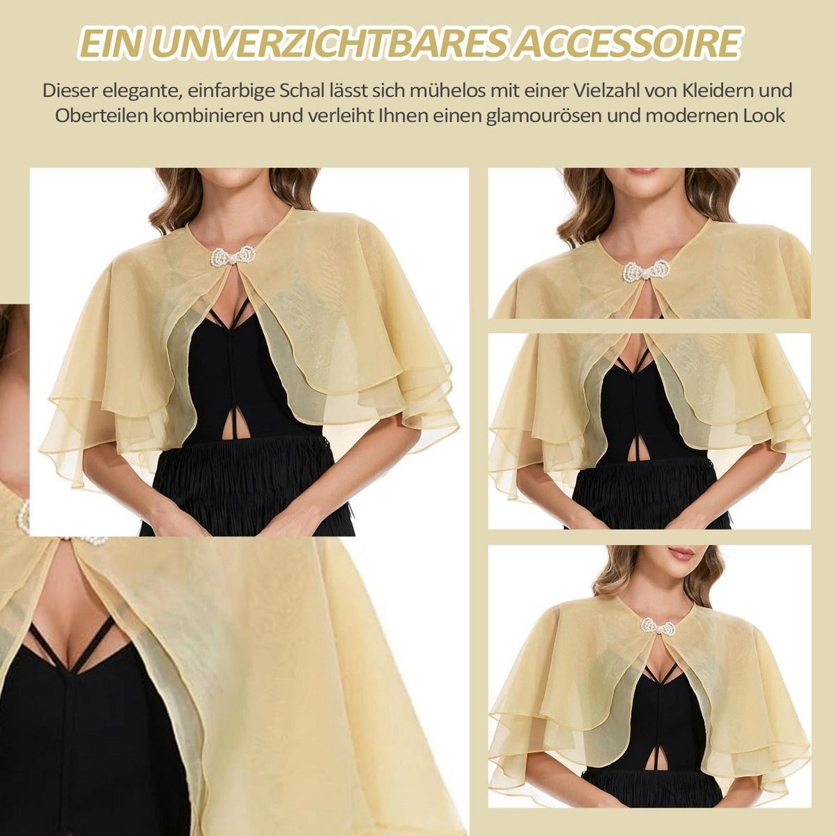 Oemmn Bolero Damen Festlich Elegant Chiffon Strickjacke 3/4 Ärmel – Bild 4 von 5