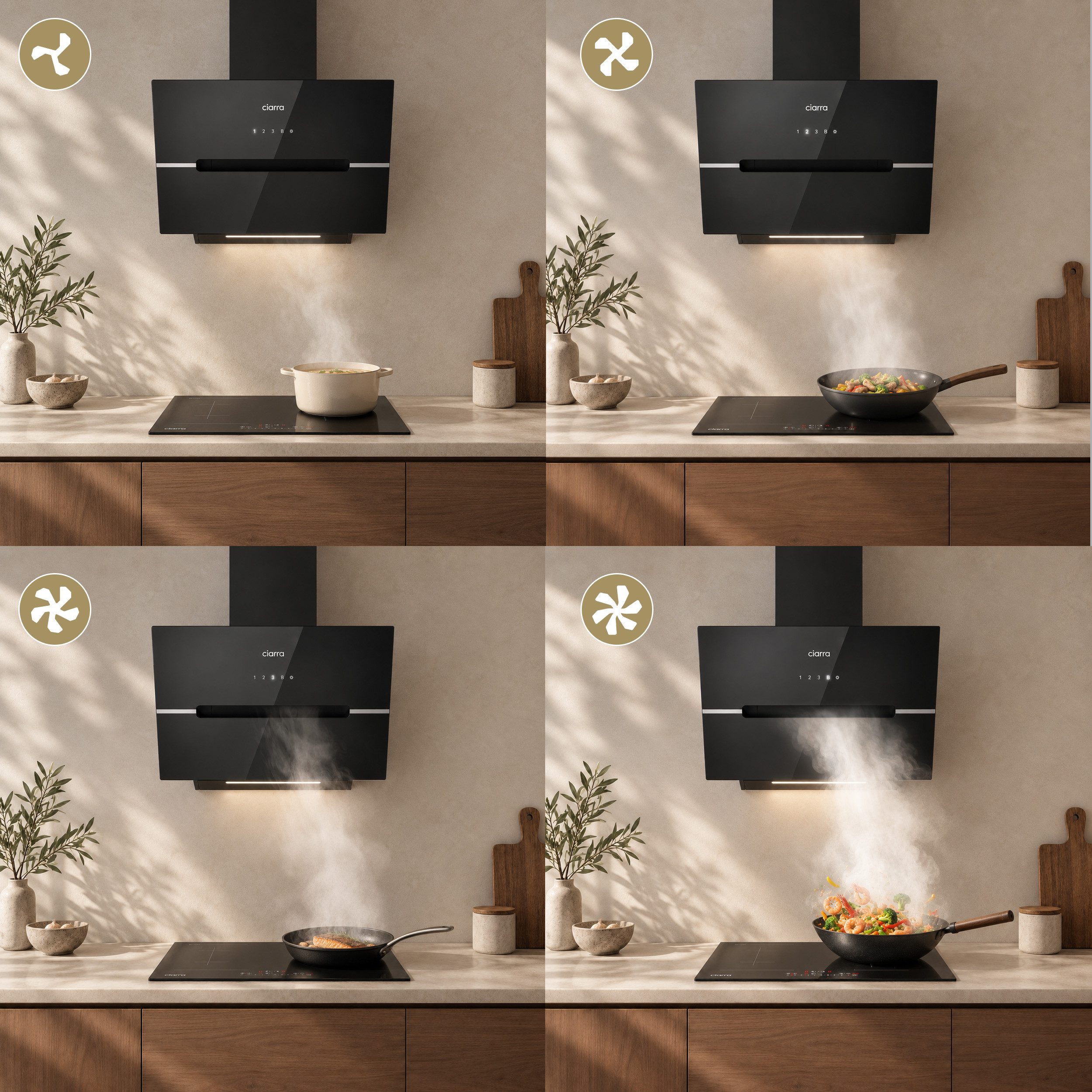 CIARRA Kopffreihaube 60 cm Dunstabzugshaube A+++ 688 m³/h Umluft & Abluft VM6736FB Serie 4 Stufen Inkl. BOOST Leise Schräghaube WIFI-APP Touch Control Umluft &  – Bild 4 von 5