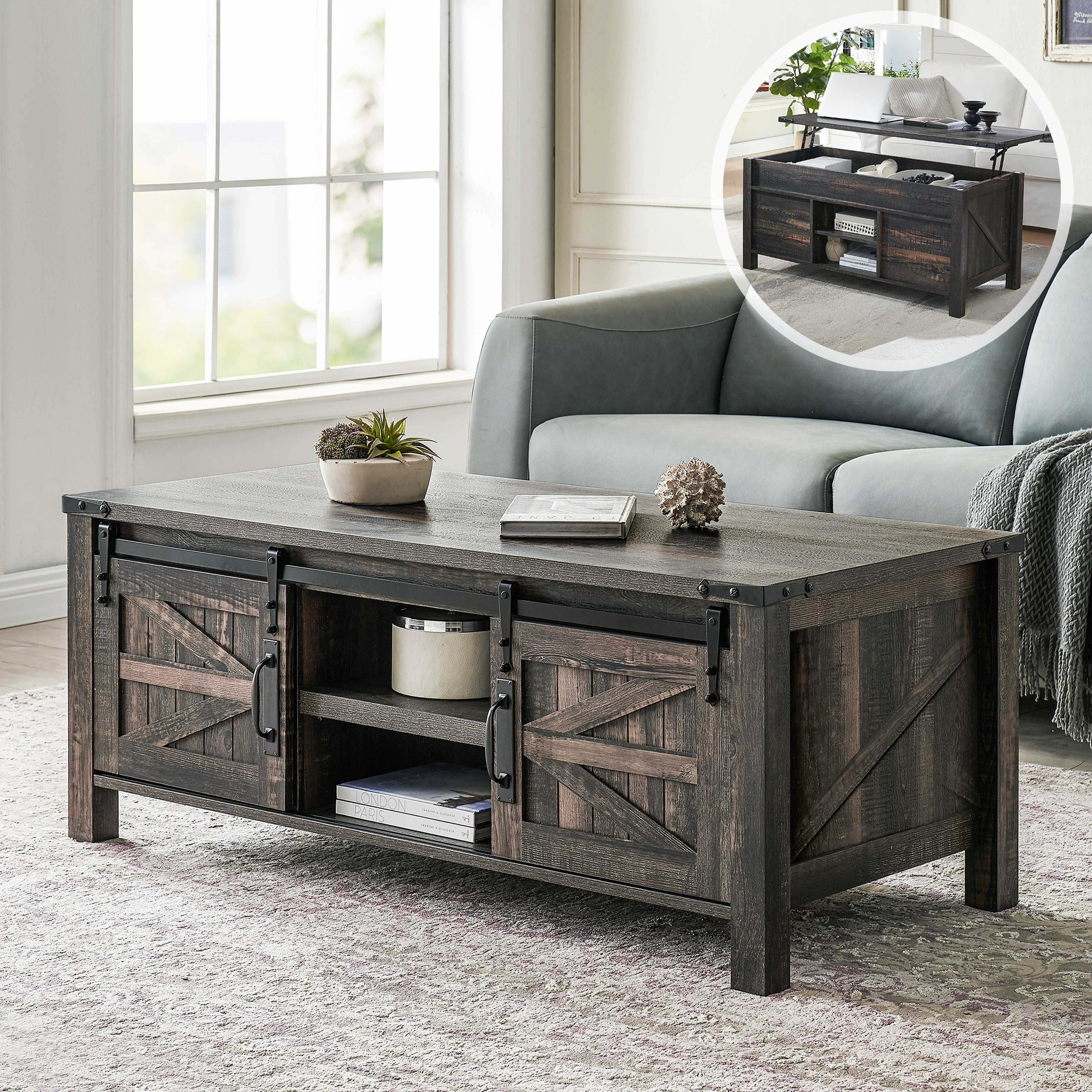 SHINEDEER Couchtisch mit Liftfunktion Landhausstil, Schiebetür, Stauraum (1-St., mit verstellbarem Einlegeboden, großzügigem Stauraum 109×47×13 cm), mit Metallbeschlägen, für Wohnzimmer, 122×56×56 cm