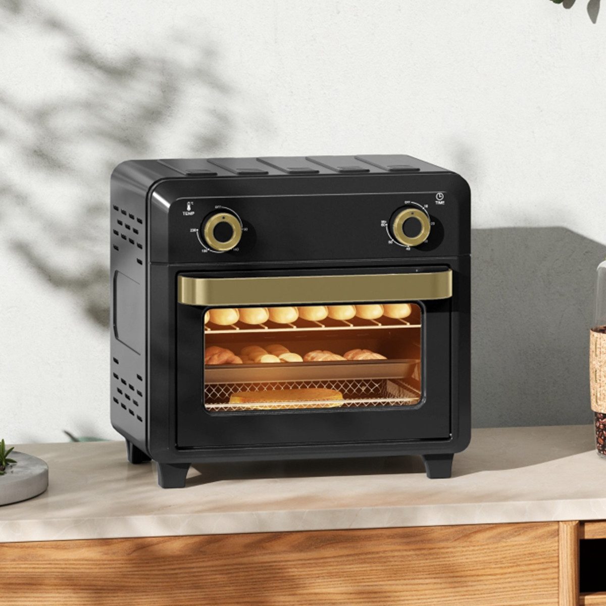 autolock Minibackofen Minibackofen mit Umluft und Timer 10L Heißluftfritteuse, Multifunktionsofen Airfryer Schwarz