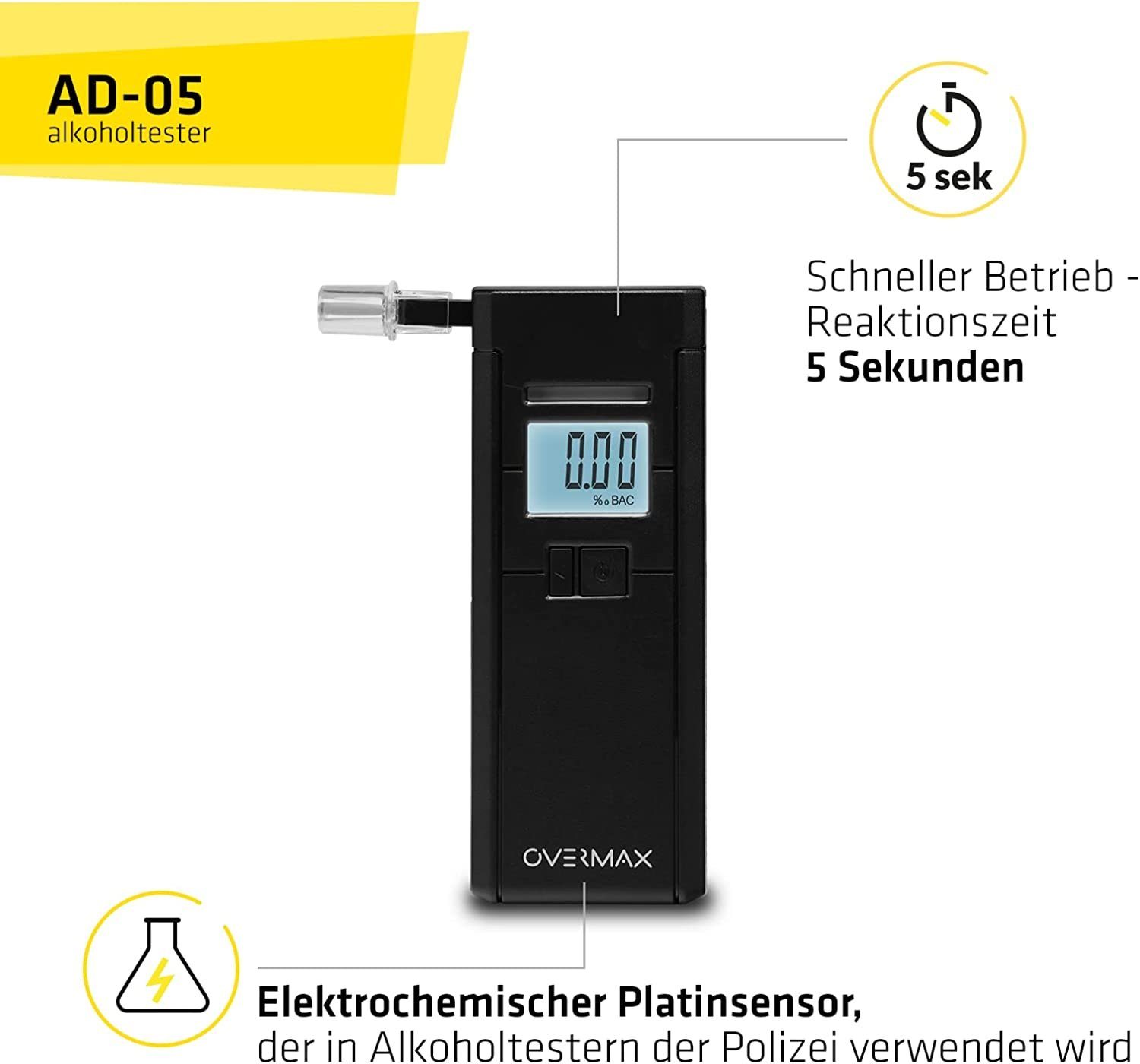 Overmax Alkohol-Teststreifen AD-05, Alkohol-Tester, Elektrochemischer Platin-SensorGenaue Messung