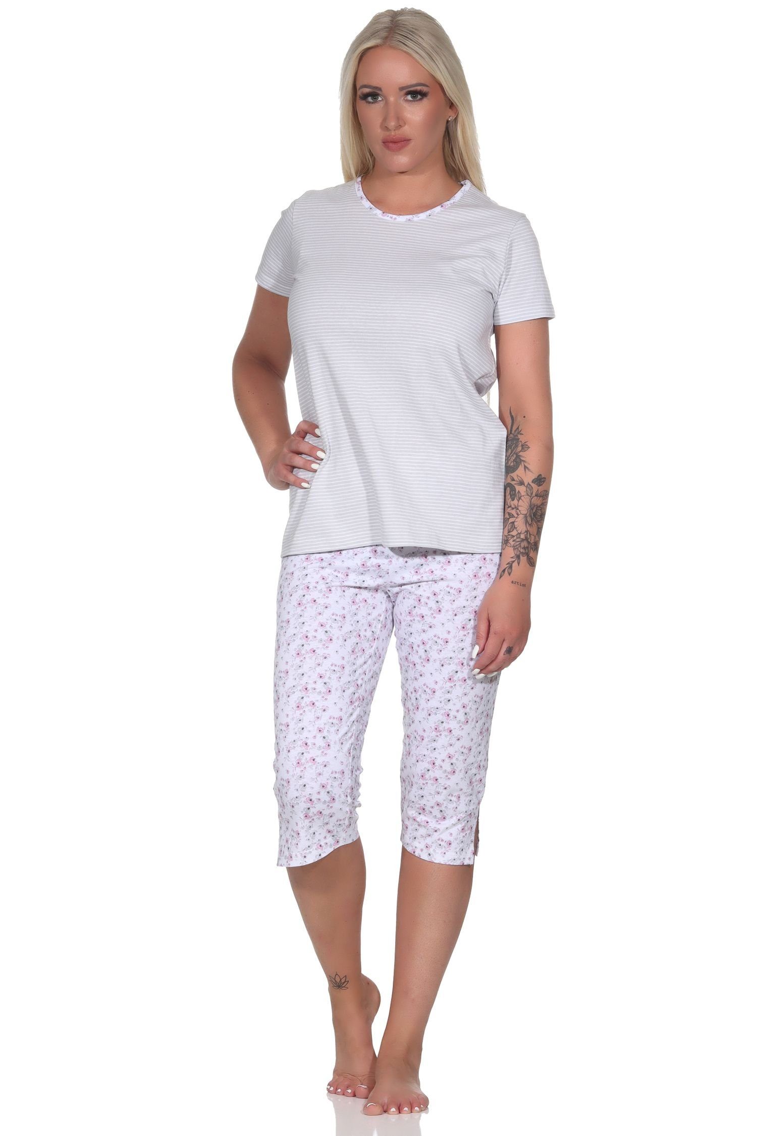 Normann Pyjama Floraler mit Schlafanzug Streifen, Damen 3/4 Capri & grau Hose Rundhals