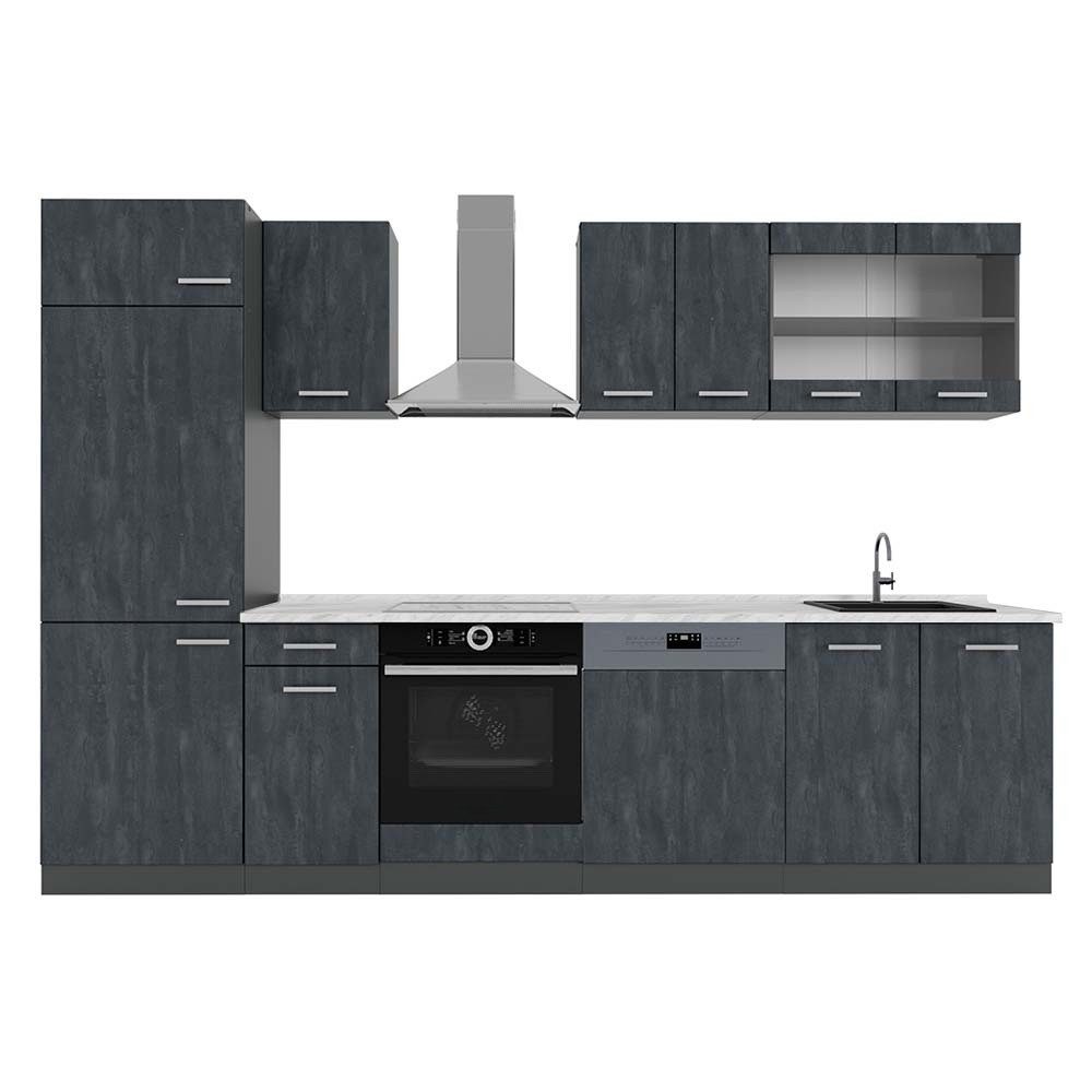 Vicco Küchenzeile R-Line, Schwarz Beton/Anthrazit, 300 cm AP Marmor