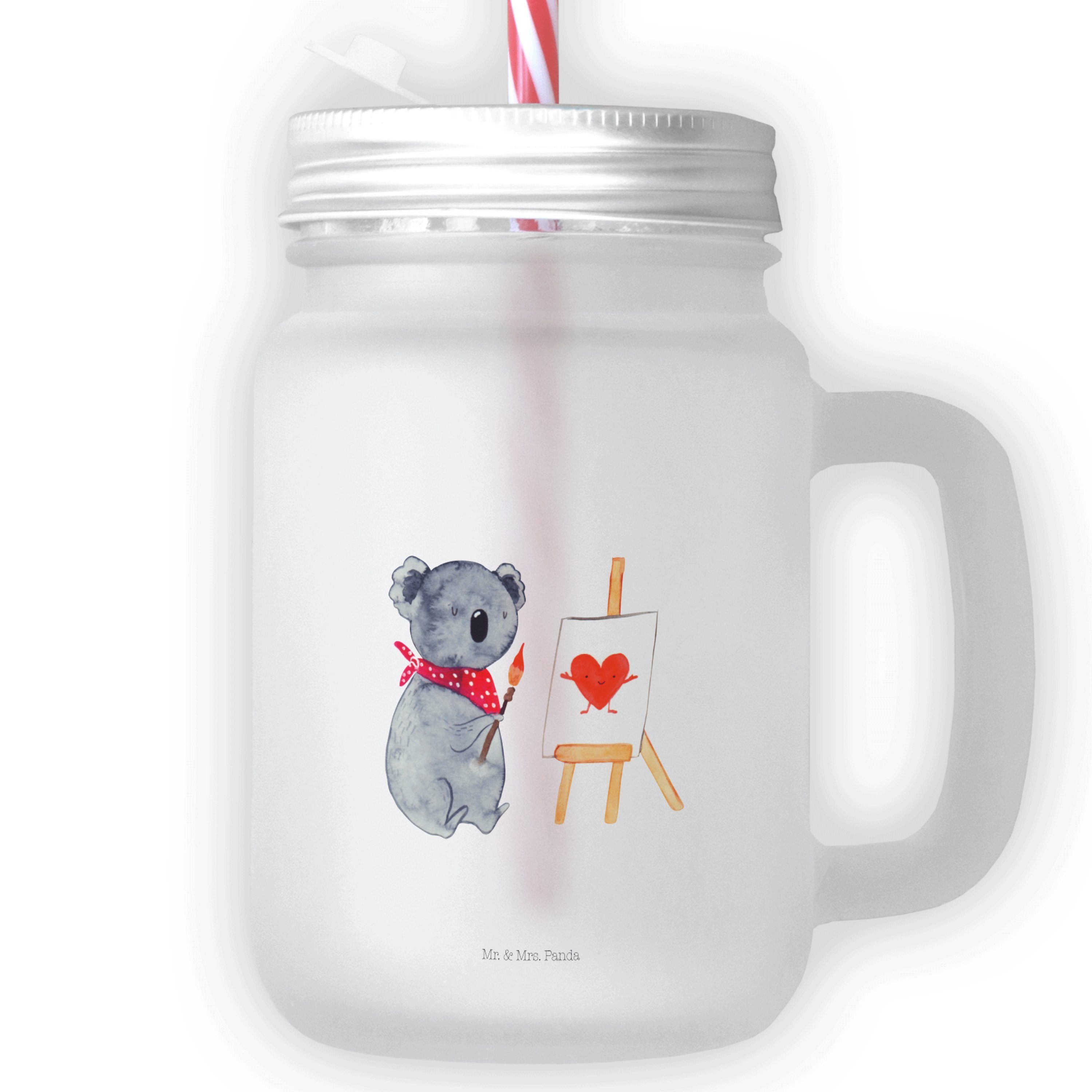 Mr. & Mrs. Panda Glas Koala Künstler - Transparent - Geschenk, Satiniertes Glas, Strohhalm, Premium Glas