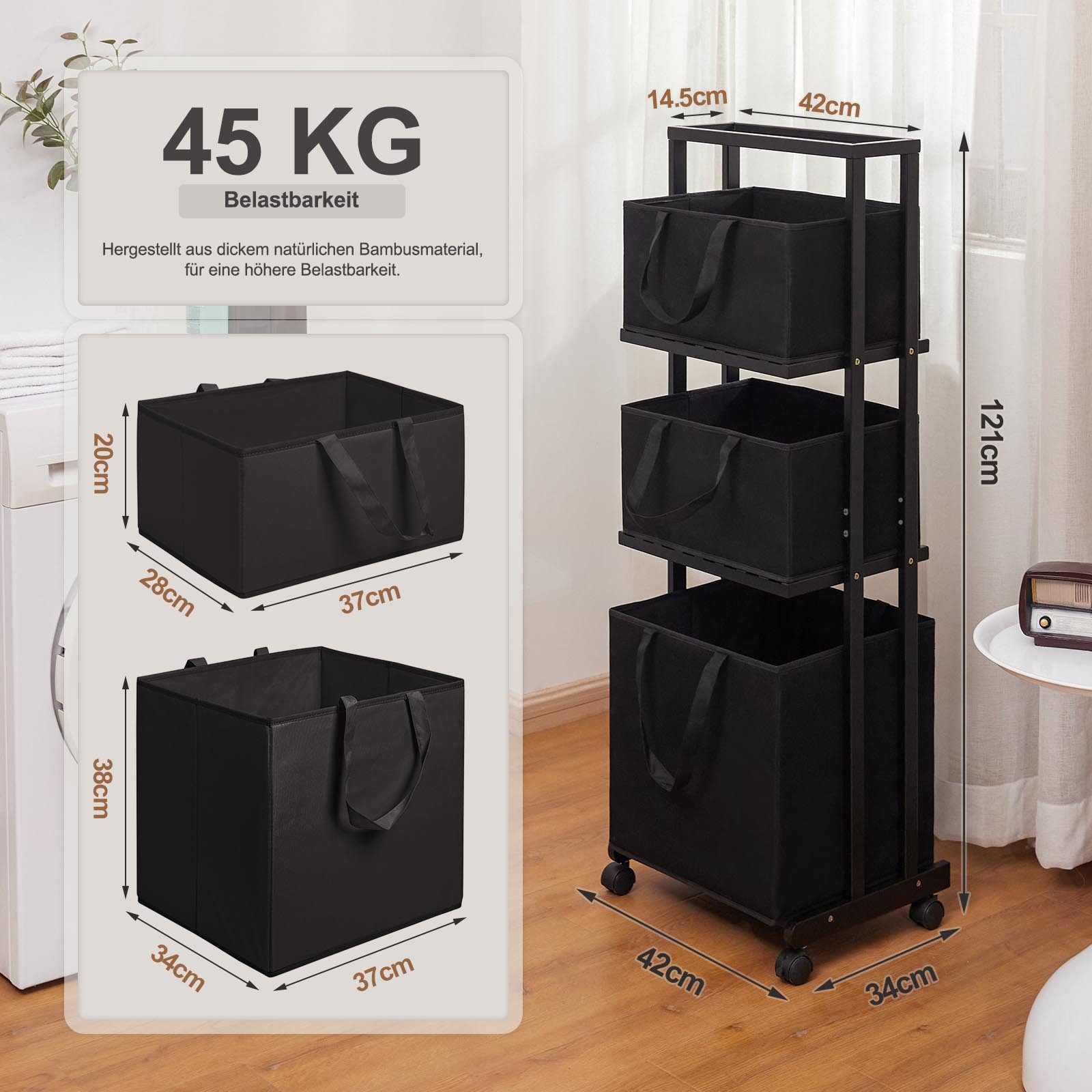 Yorbay Wäschekorb Wäschesammler aus Bambus (Mit Rollen, mit 4 Ebenen, mit 3 günstig online kaufen