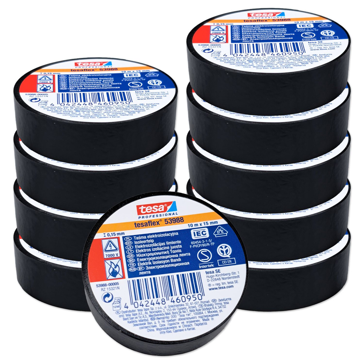 tesa Isolierband Isolierband, tesaflex 53988, Schwarz, 15mm, 10m, 10 Stück