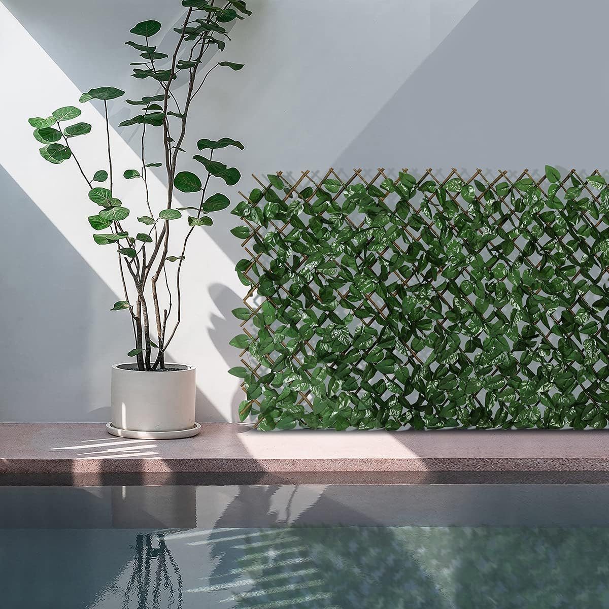 Sekey Weidenzaun Sichtschutzzaun mit Efeu Weidenmatte Sichtschutz Balkon ohne Bohren, Ausziehbare Sichtschutzhecke Windschutz Blätter Zaun Kunstpflanzen