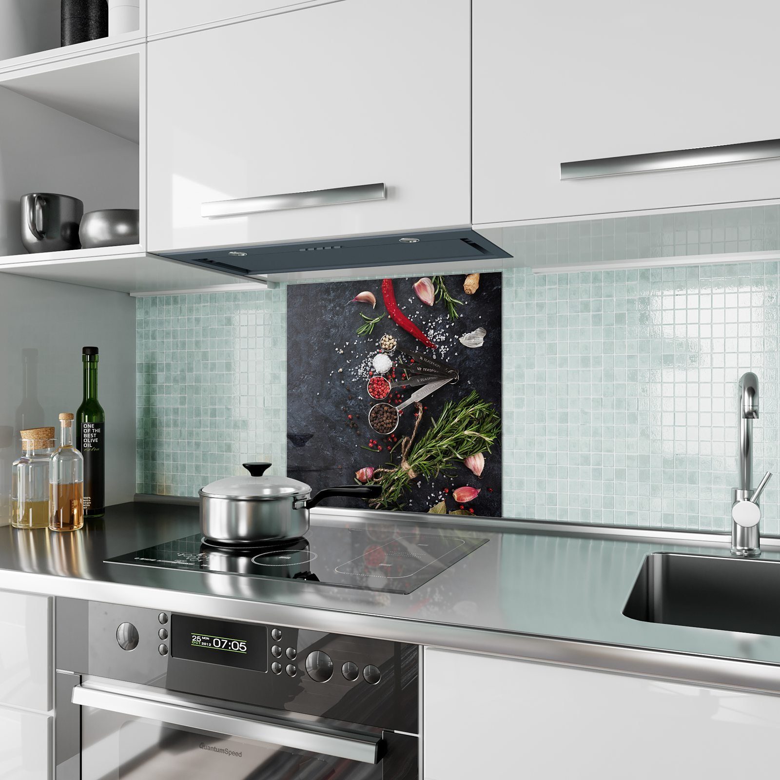 Primedeco Küchenrückwand Küchenrückwand Spritzschutz Glas und Chili Kräuter mit Motiv