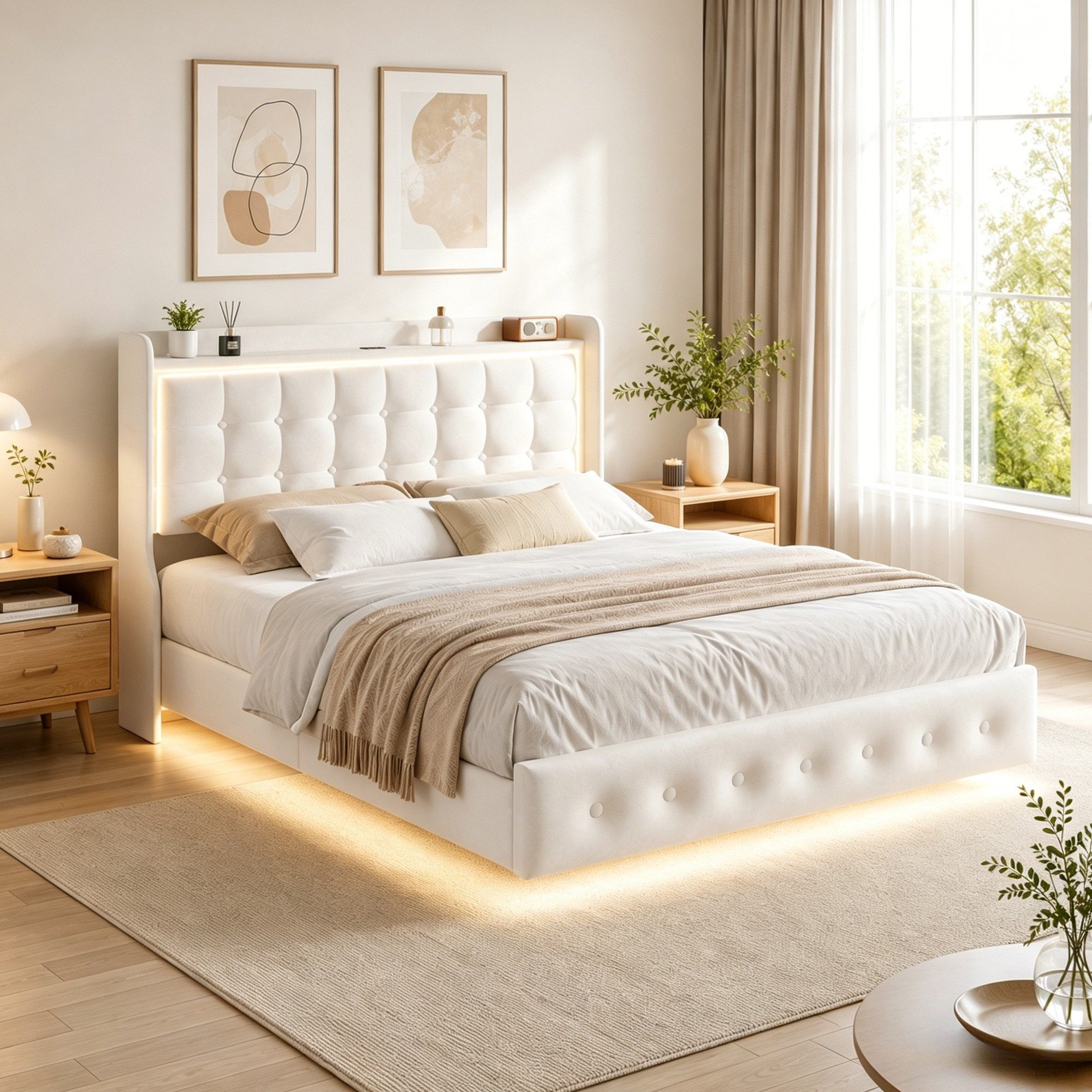 Simurq Polsterbett Schwebebett mit LED-Beleuchtung und USB, Doppelbett 140x200cm (Packung, 1-tlg., Jugendbett mit Kopfteil, Samtstoff), Schwebender visueller Effekt
