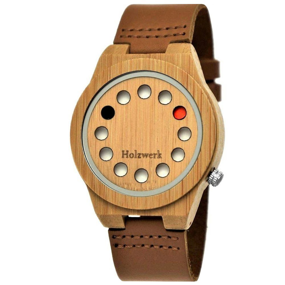 Quarzuhr ESCHWEGE Damen und Herren Holz Uhr mit Leder Armband in beige