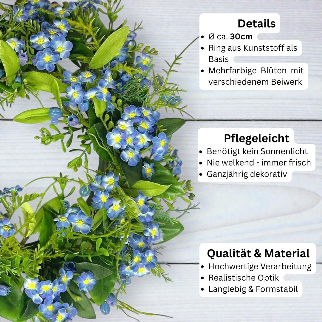 Kunstkranz Künstlicher Vergissmeinnicht-Kranz Ø 30cm, Blumenkranz Türkranz Deko, naninoa GmbH