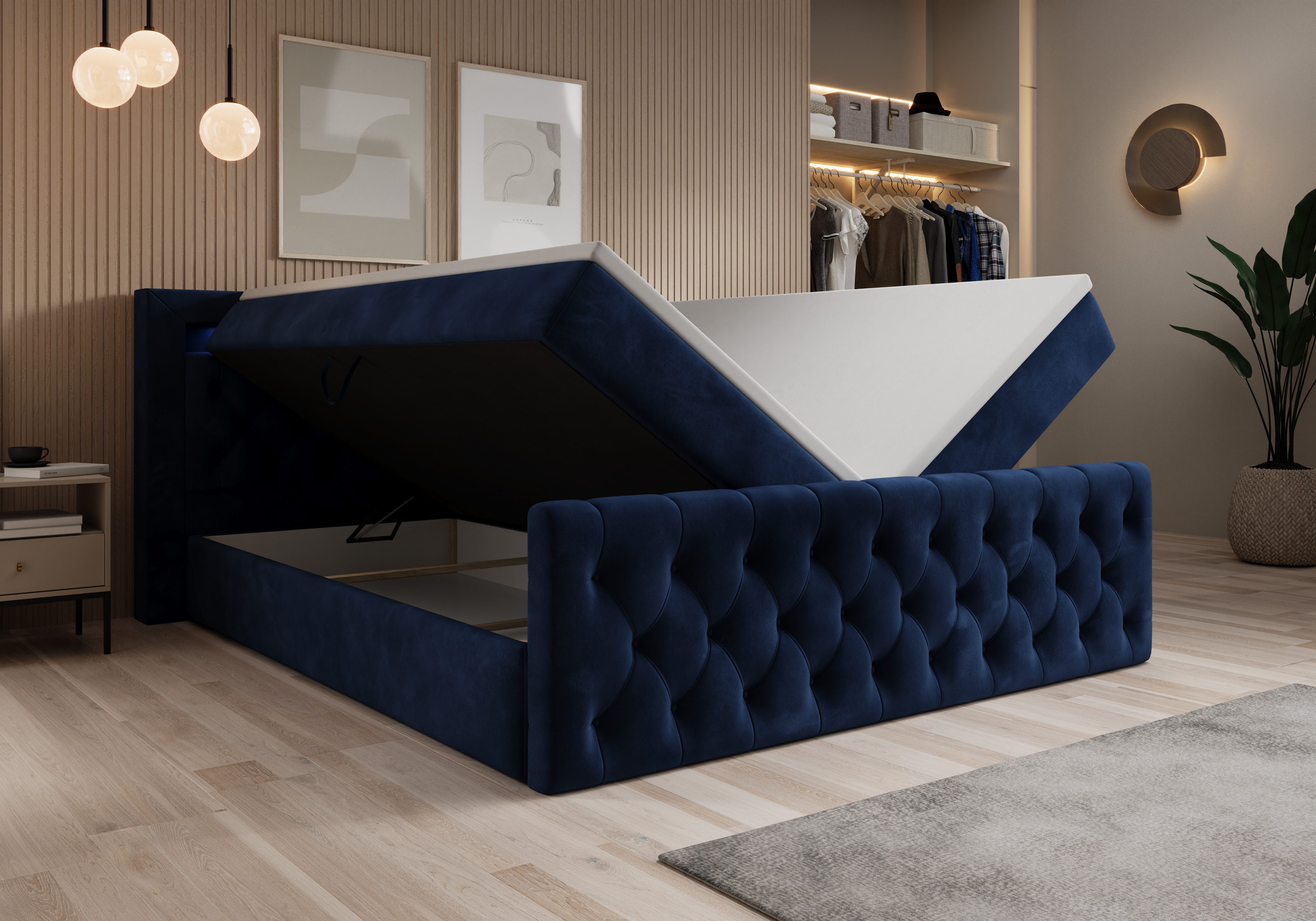 thematys Boxbett LED mit Bettkasten 140x200–200x200 cm – Velours oder Bouclé Bezug – (Polsterbett Bonnellfederkern Matratze H3 + Gratis 3cm Topper, Boxbett - Lu – Bild 2 von 5