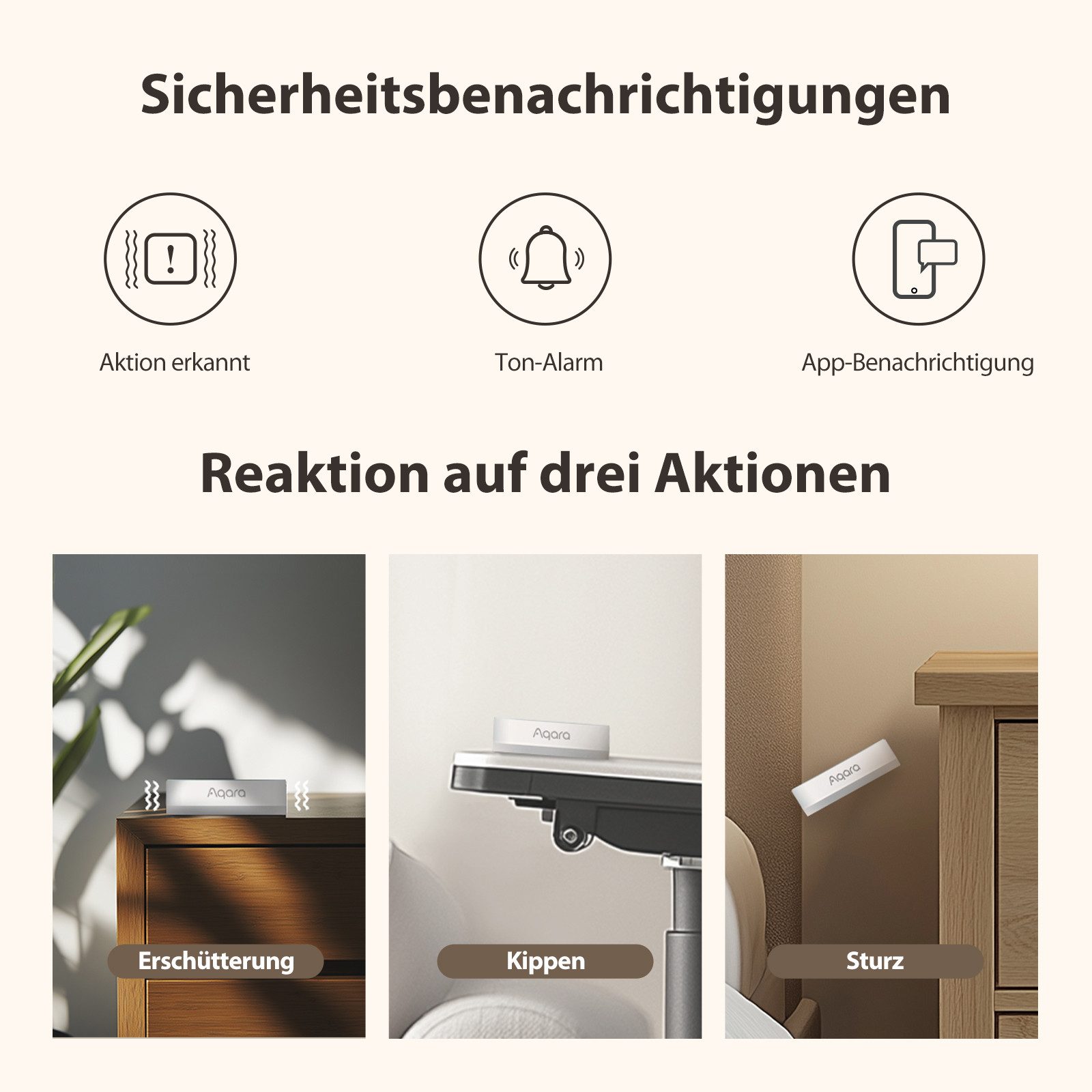 Aqara Sensor Vibrationssensor T1, (1-St., Erkennung von Erschütterungen, Kippen oder Stürzen), App-Benachrichtigung, Erfordert Aqara Hub, Matter-über-Bridge