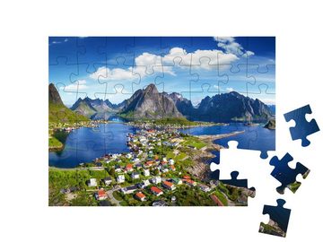 puzzleYOU Puzzle Dorf Reine unter blauem Himmel, Lofoten, Norwegen, 48 Puzzleteile, puzzleYOU-Kollektionen Norwegen, 500 Teile, 2000 Teile, 1000 Teile