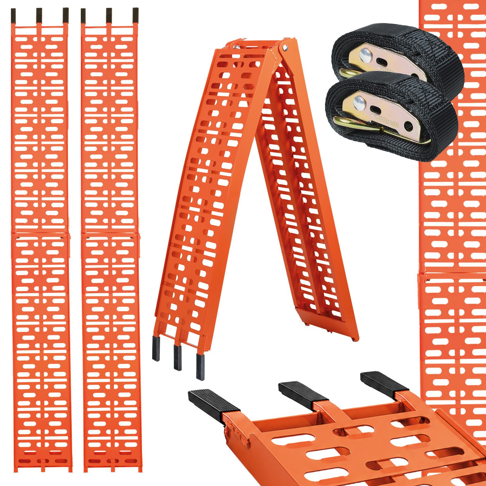 TRUTZHOLM Auffahrrampe 2x klappbar Alu 228 cm Traglast 680 kg Verladerampe gelocht in orange (2-St., Inkl. 2x Spanngurt), Robuste Kostruktion, hohe Traglast, rutschfeste Lauffläche