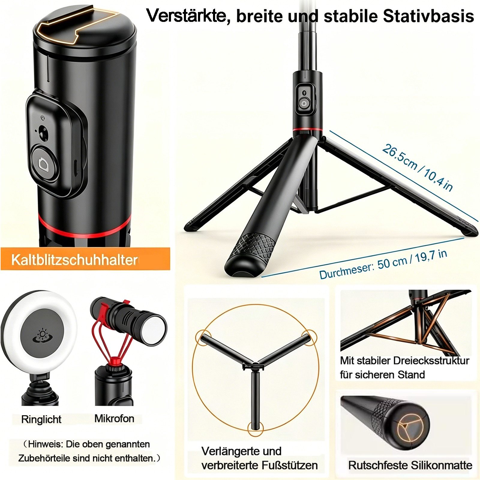 MOPUEA Selfie Stick Bluetooth Selfie Stick Stativkopf Bluetooth-Fernbedienung Selfiestick (360 Grad einstellbar Weitwinkel konvex stabil einfach Montage)