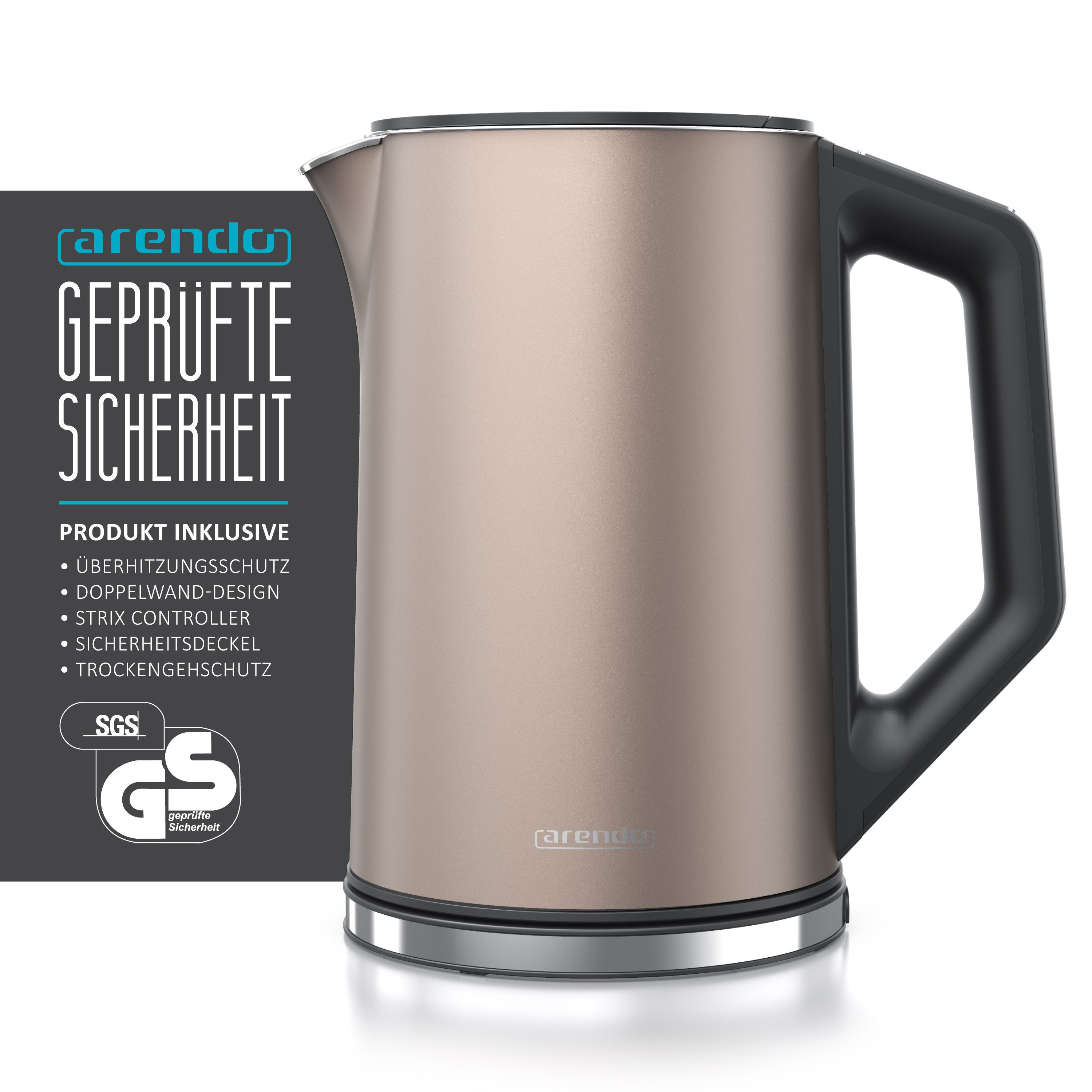 Arendo Wasserkocher Doppelwand, Edelstahl, Temperatureinstellung 40°–100°C mit Anzeige, 1,5 l, 2200 W, in 5 °C-Schritten einstellbar, Teekocher mit Temperaturanzeige
