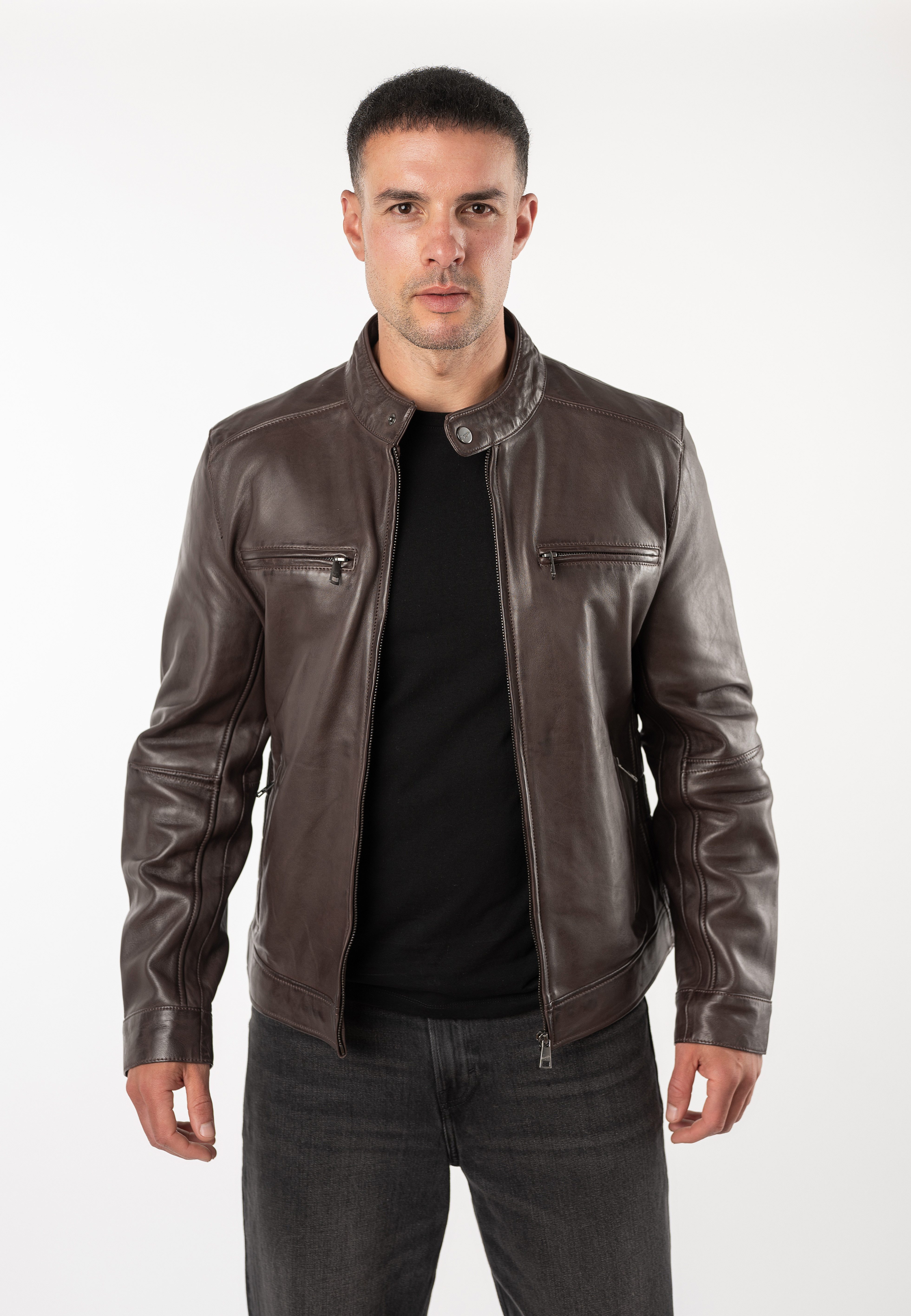 Mauritius Lederjacke MMBlaco (mauritiusHerren26) im Biker-Stil mit Stehkragen und Drucker