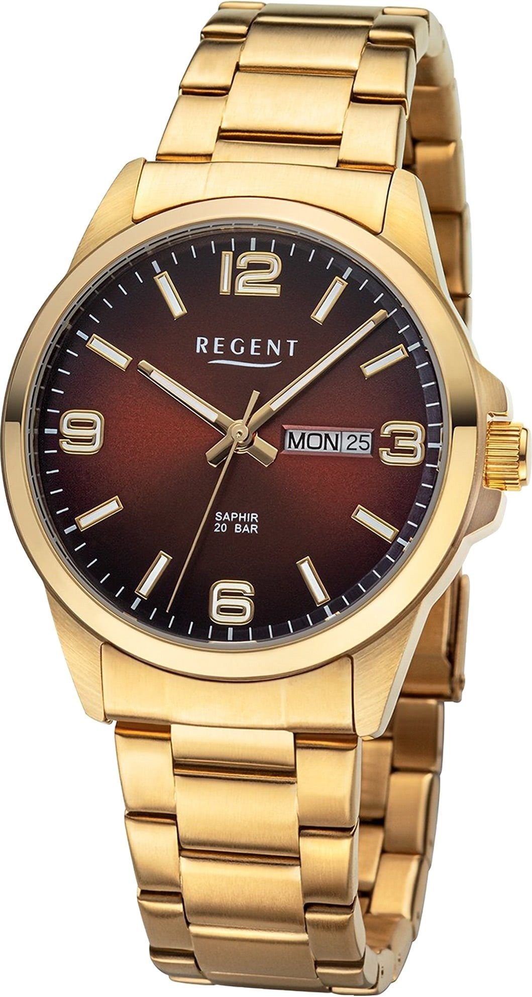 Regent Quarzuhr Regent Herren Armbanduhr Analog, (Analoguhr), Herren Armbanduhr rund, extra groß (ca. 39mm), Metallarmband