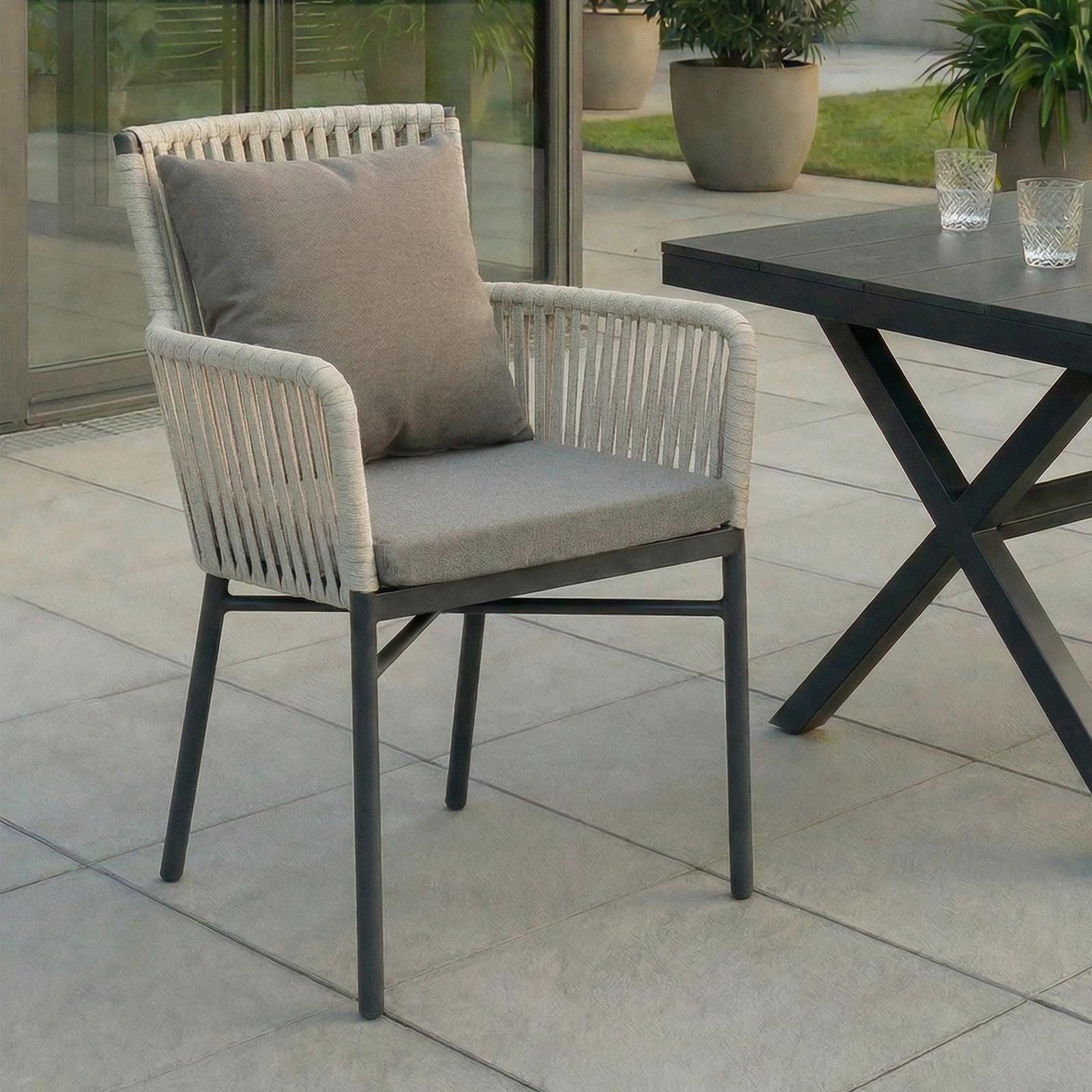 IDIMEX Gartenstuhl AFUERA (6 St), wetterfeste Terrassenstühle mit Rope und Sitzkissen Grau/Cremeweiß