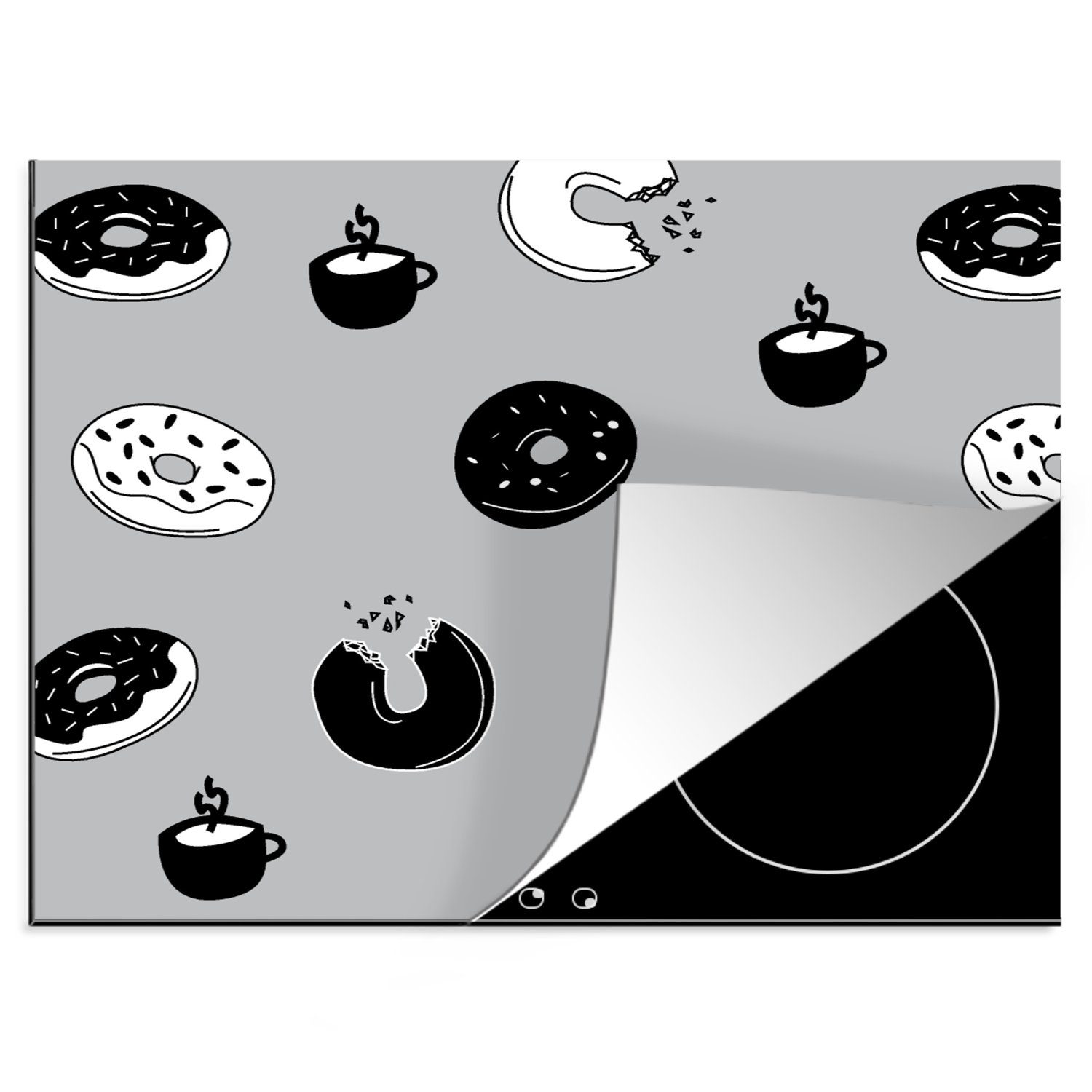 tlg), Mobile und - 60x52 Herdblende-/Abdeckplatte Vinyl, Arbeitsfläche Donut Kaffee MuchoWow - nutzbar, Schwarz Ceranfeldabdeckung Weiß, Muster (1 - cm,