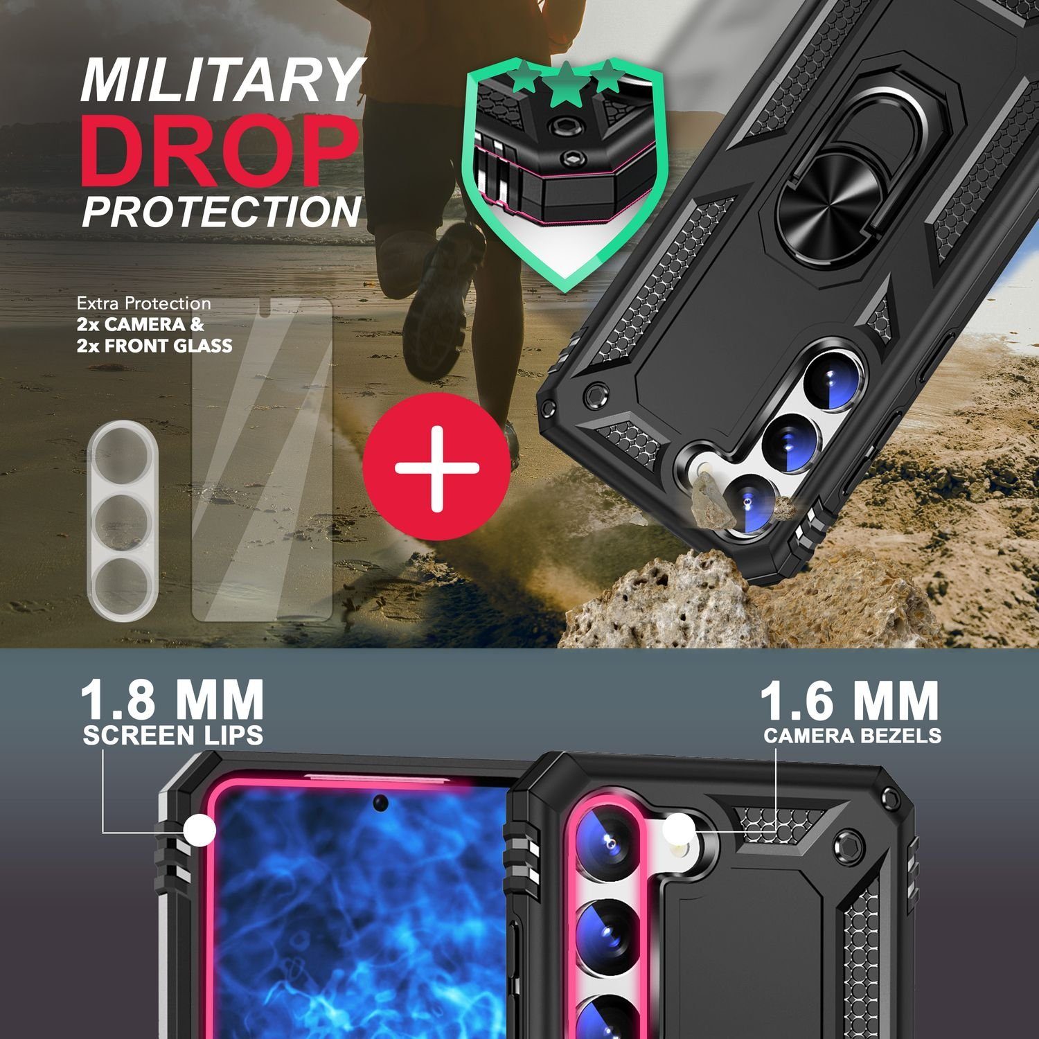 Nalia Smartphone-Hülle Samsung Galaxy S23 15,5 cm (6,1 Zoll), Military-Style Ring Hülle / 2x Display- & Kameraschutz / Extrem Robust