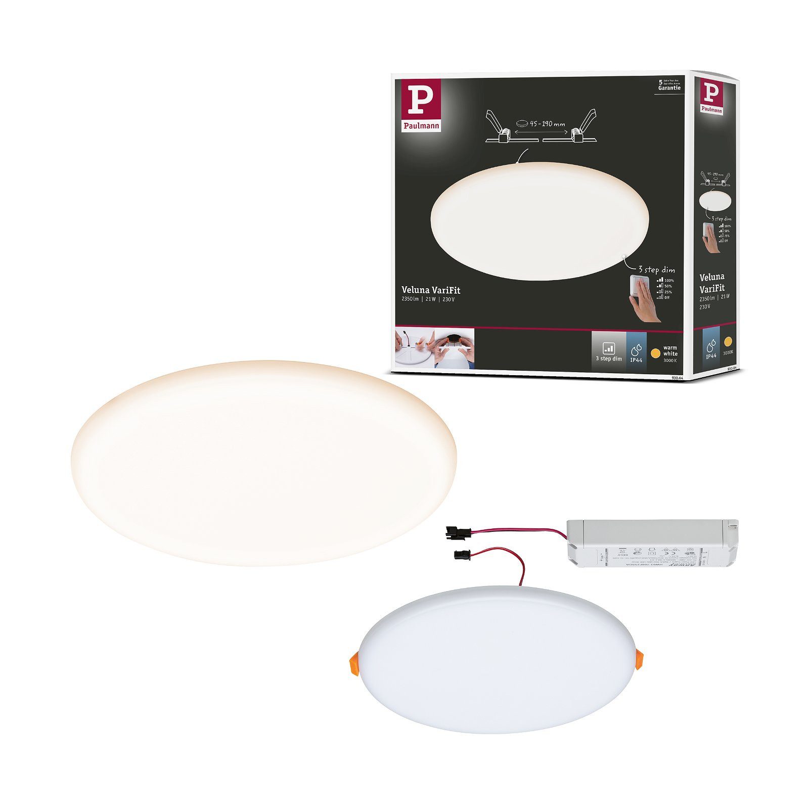 Paulmann LED Einbauleuchte VariFit Veluna IP44 rund 215mm 21W 1650lm 3000K Satin 3-Step-Dim, LED fest integriert, Warmweiß, Einbaupanel, dimmbar