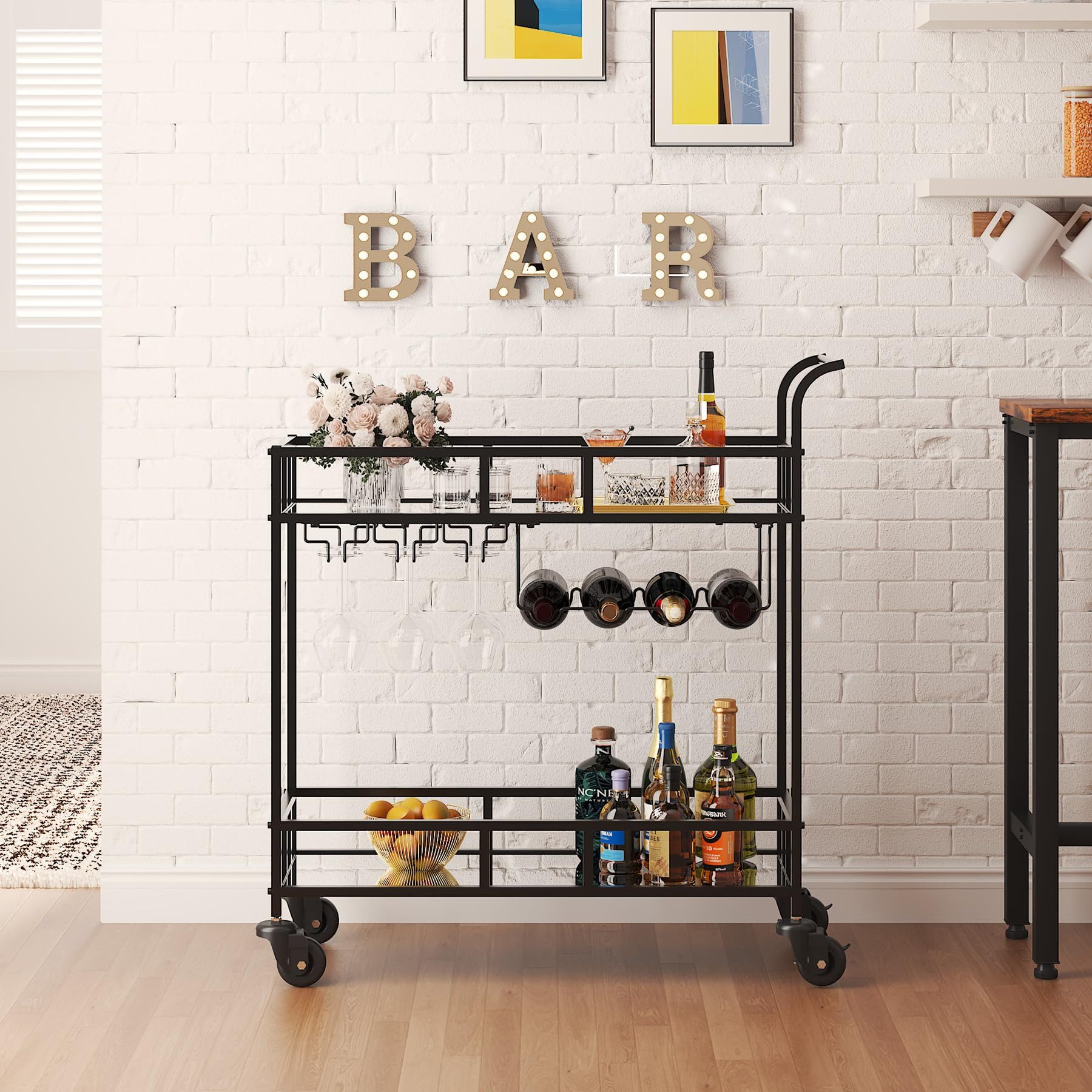 GarveeMore Weinregal 2 Tier Rolling Wine Bar Cart Kleine Warenkorb Weinregale