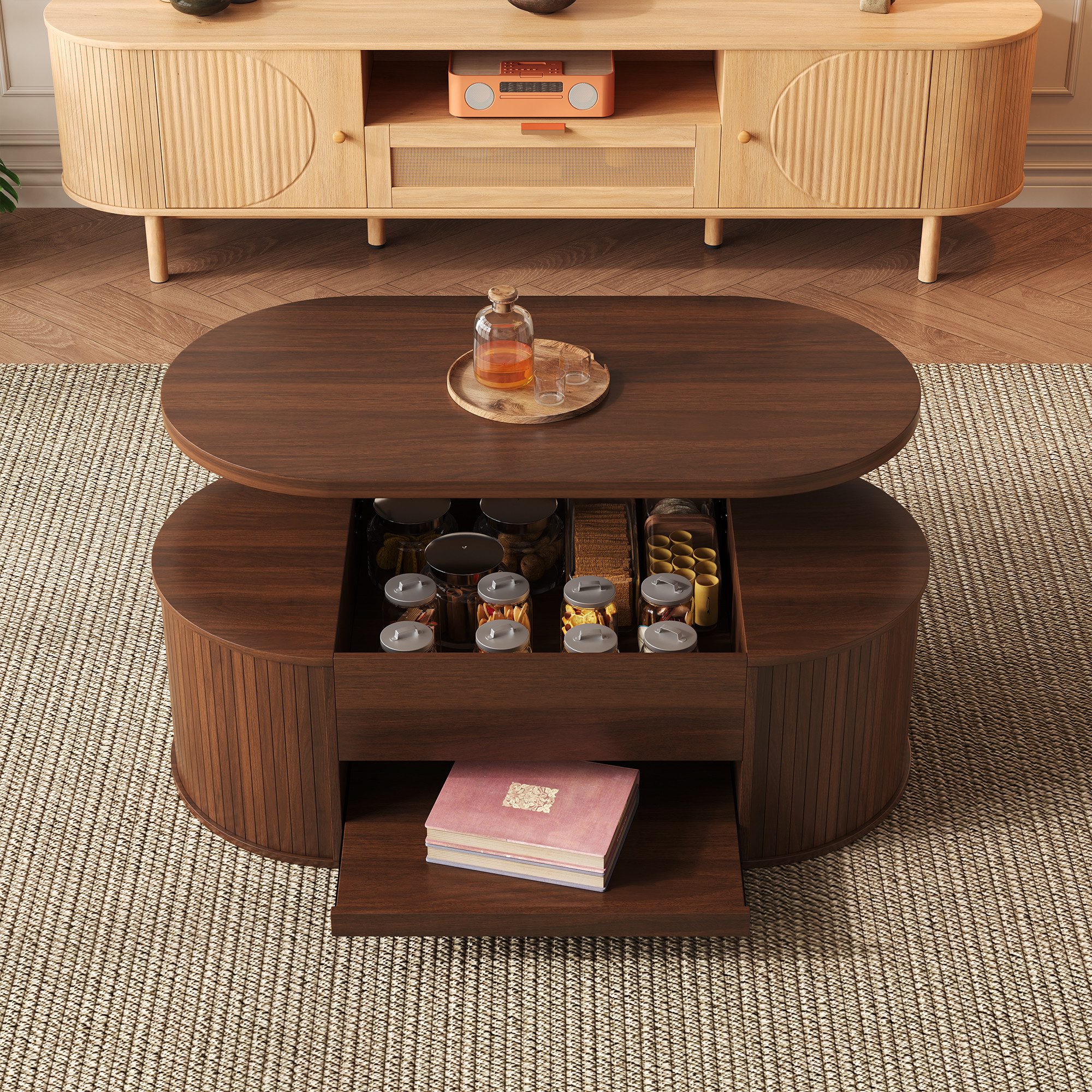 MODFU Couchtisch höhenverstellbarer Couchtisch mit Holzoptik (Beistelltisch, Sofatisch, 1-St., ausziehbarem Regal), mit gebogenen Holzseiten