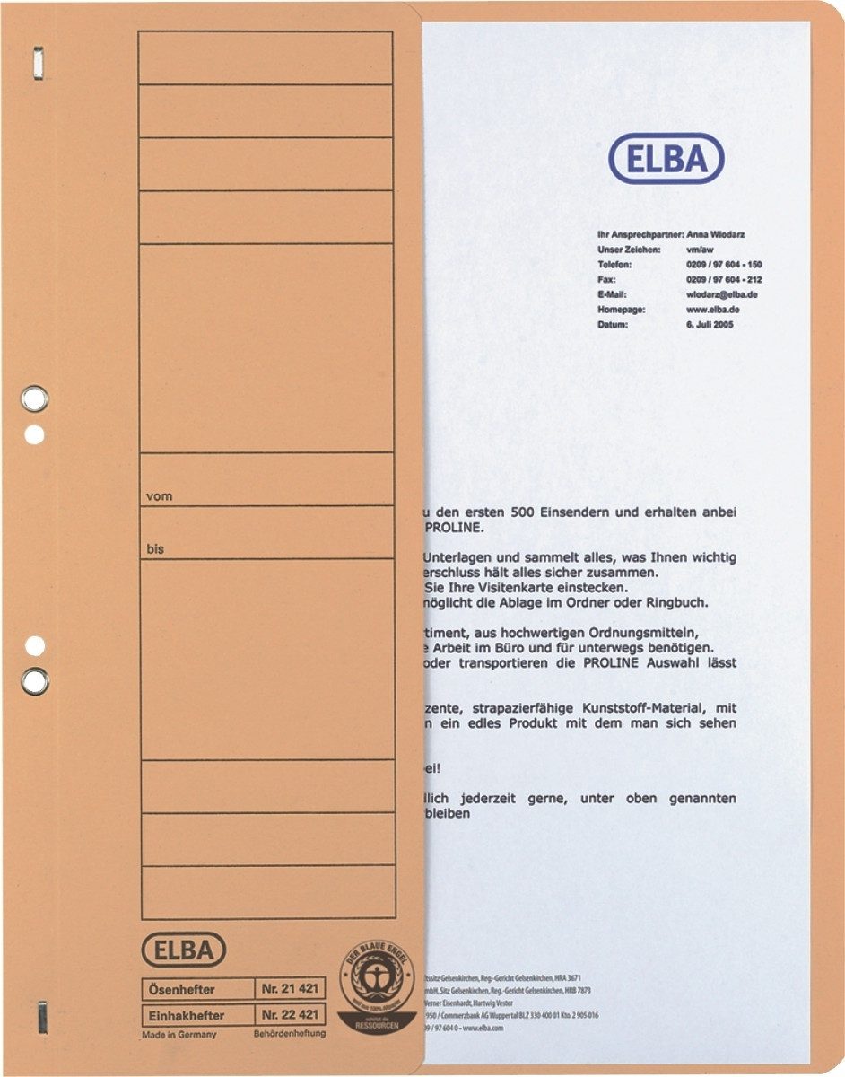 ELBA Hefter Ösenhefter Amtsheftung halber Vorderdeckel Karton chamois