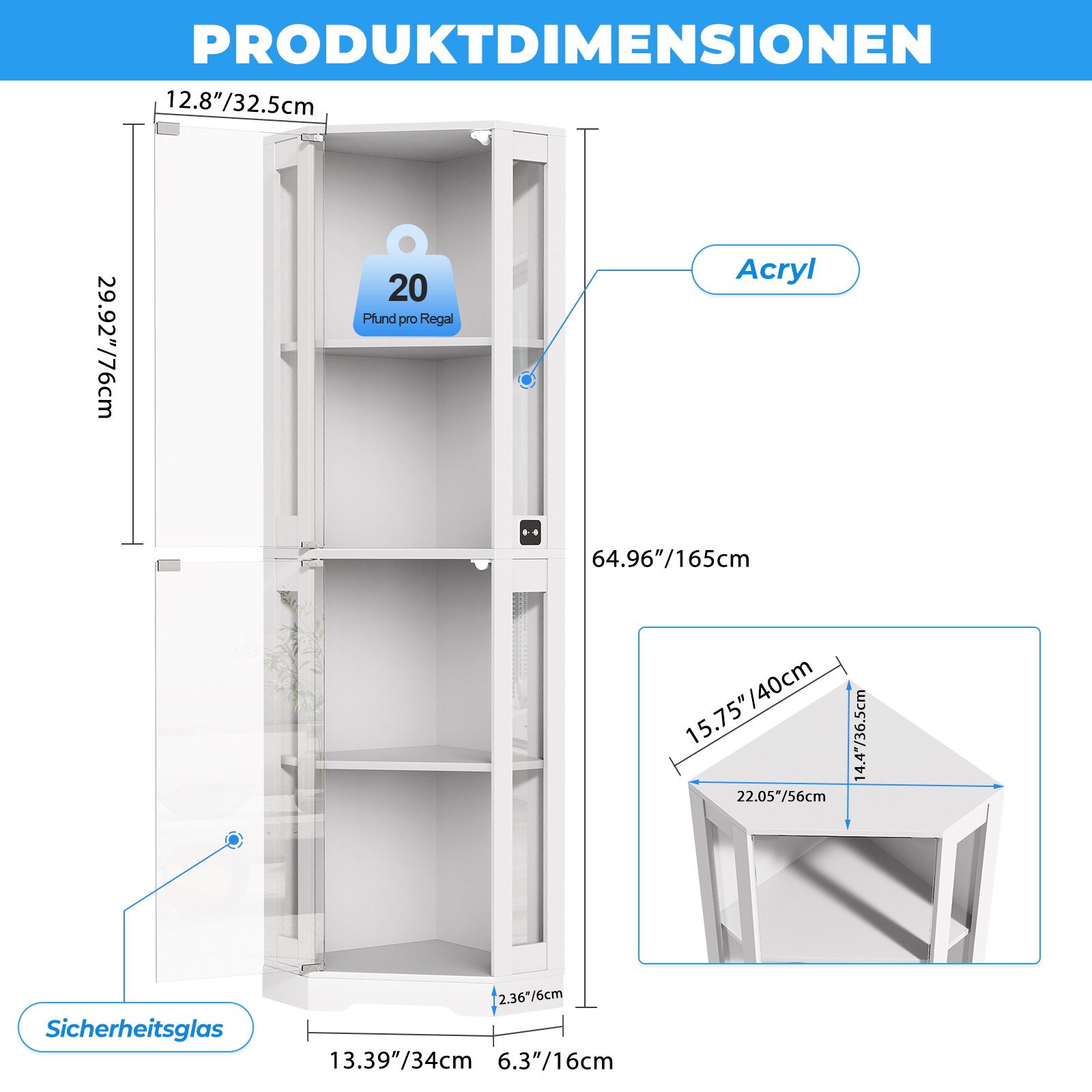 BROTTAR Eckvitrine 4-stöckiger Eckglasanzeigeschrank mit LED -Leuchten (1-St) modernes griffloses Design, 9kg Tragkraft pro Regal