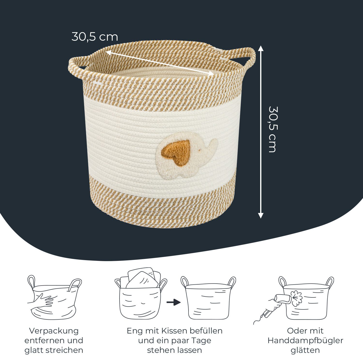 HMF Aufbewahrungskorb Aufbewahrungskorb mit verlängerten Griffen, runder Korb aus, Baumwolle für Kinderzimmer oder Babyzimmer, Elefant, 30,5 x 30,5 cm – Bild 5 von 5