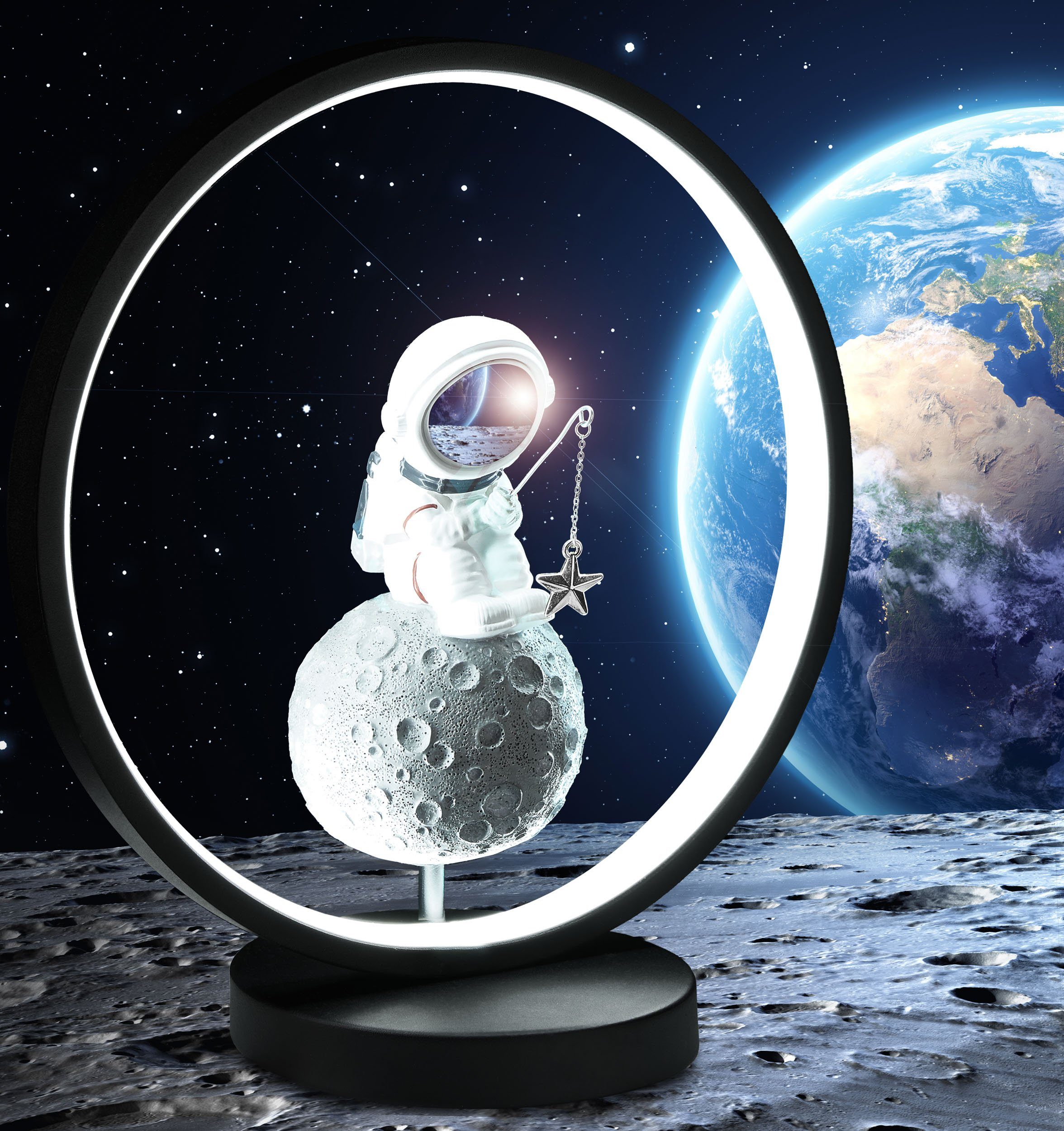 Astronaut Tischlampe LED-Ring, LED und dem Lampe mit fest LED Beleuchtung 32 - mit Weltraum Raumfahrt integriert, - Nachttischlampe BRUBAKER indirekter Handbemalte Deko mit Angel Tischleuchte Stecker, Moderne USB-C cm auf Mond