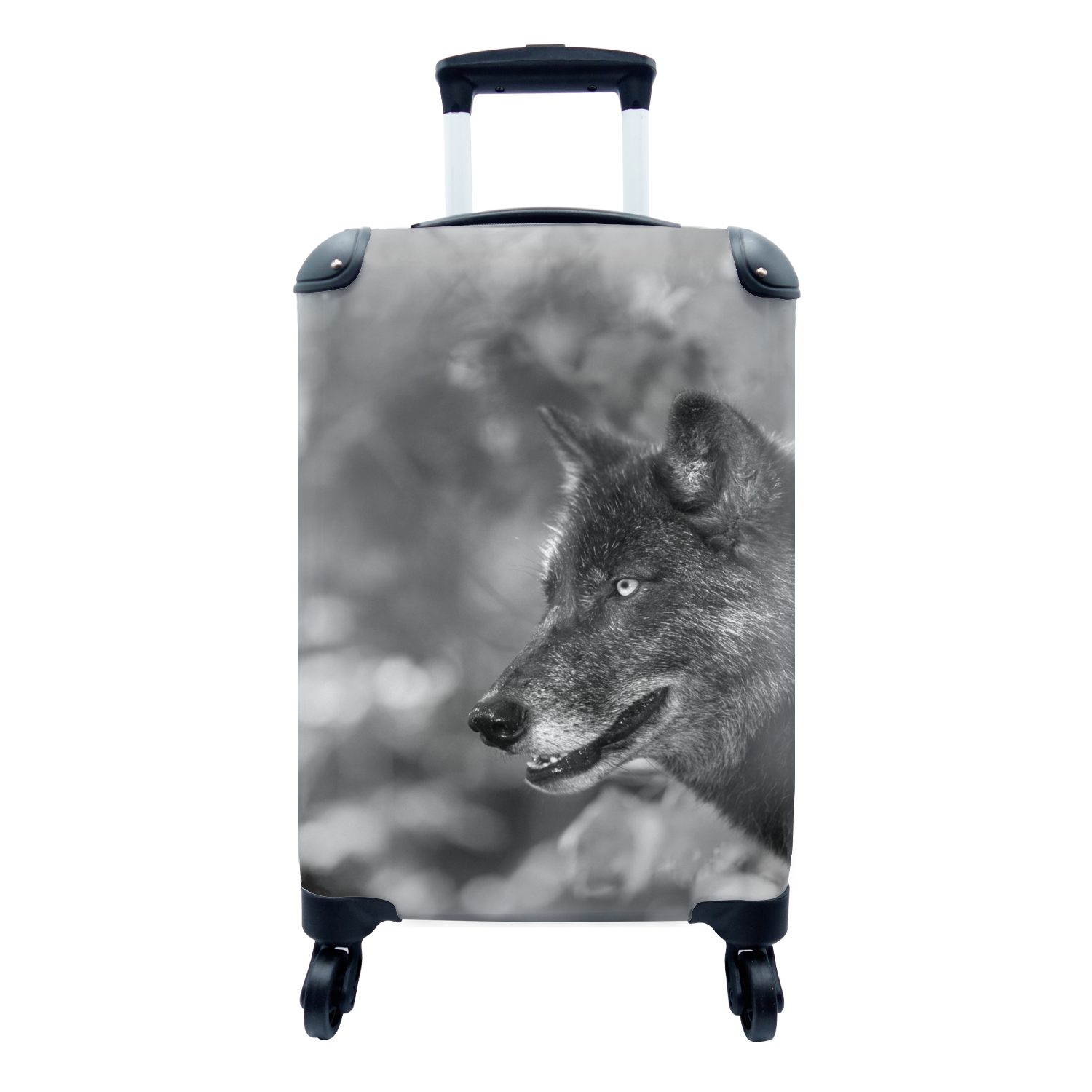 MuchoWow Handgepäckkoffer Nahaufnahme Wolf und Reisekoffer - Reisetasche schwarz Trolley, weiß, mit rollen, für Handgepäck 4 Ferien, Rollen