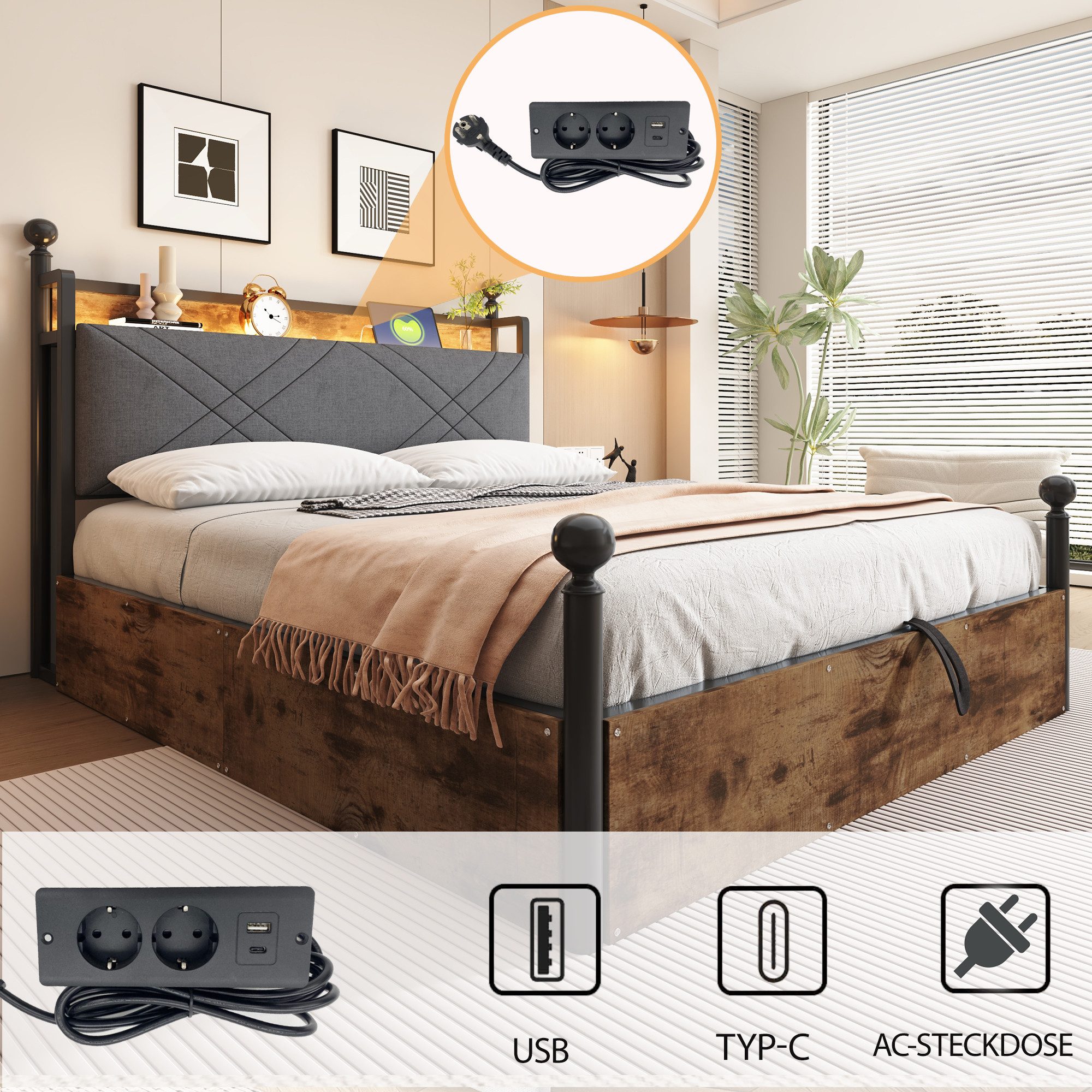 Flieks Himmelbett, Hydraulisches Stauraumbett Metallbett 140x190cm mit LED und USB/Typ-C