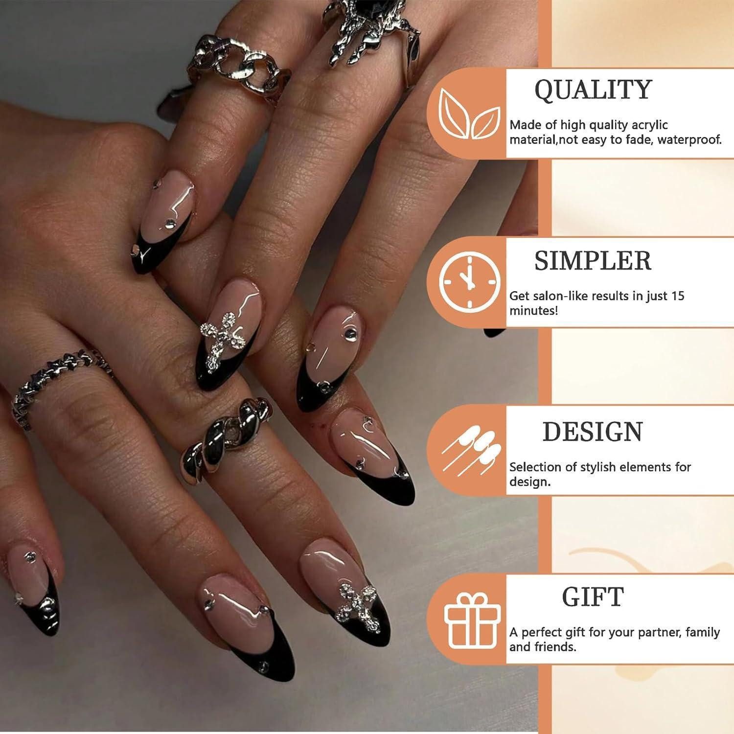 LuxusKollektion Kunstfingernägel 24er Set Mandelkreuz Design 3D Schwarz Press On Nails French Tip Acryl – Bild 4 von 5