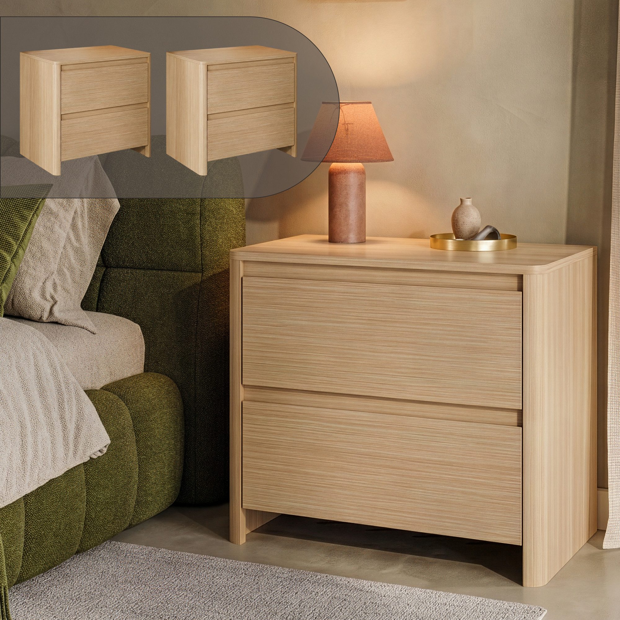 en.casa Nachtschrank (2-St) »Takranmaa« 2er Set mit 2 Schubladen 54 x 60 x 40 cm Eicheoptik