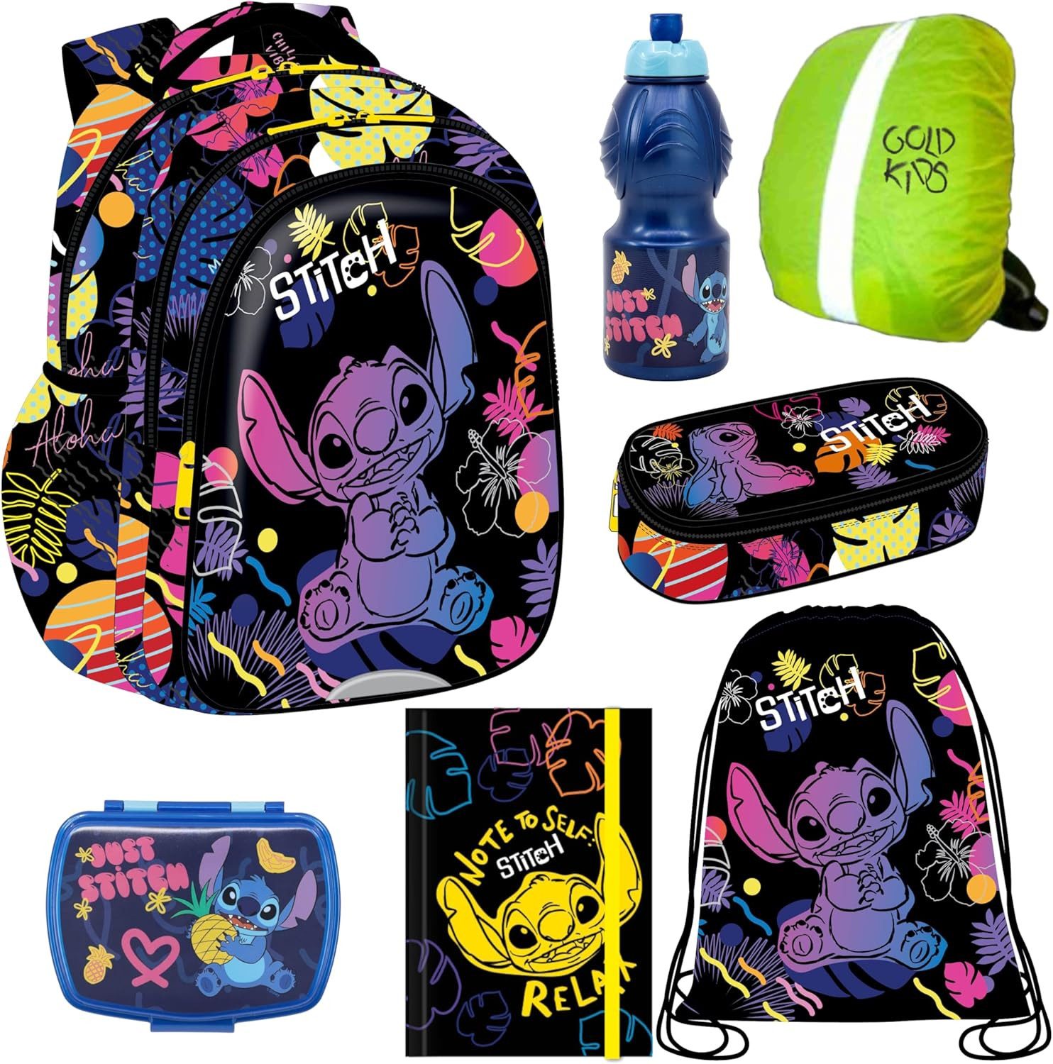 GOLDKIDS Schulrucksack Rucksack für Jungen und Mädchen, (7er-Set - Schul-Rucksack, für Kinder mit Federmäppchen), Schuhbeutel und Regenschutz - Lilo und Stitch Motiv