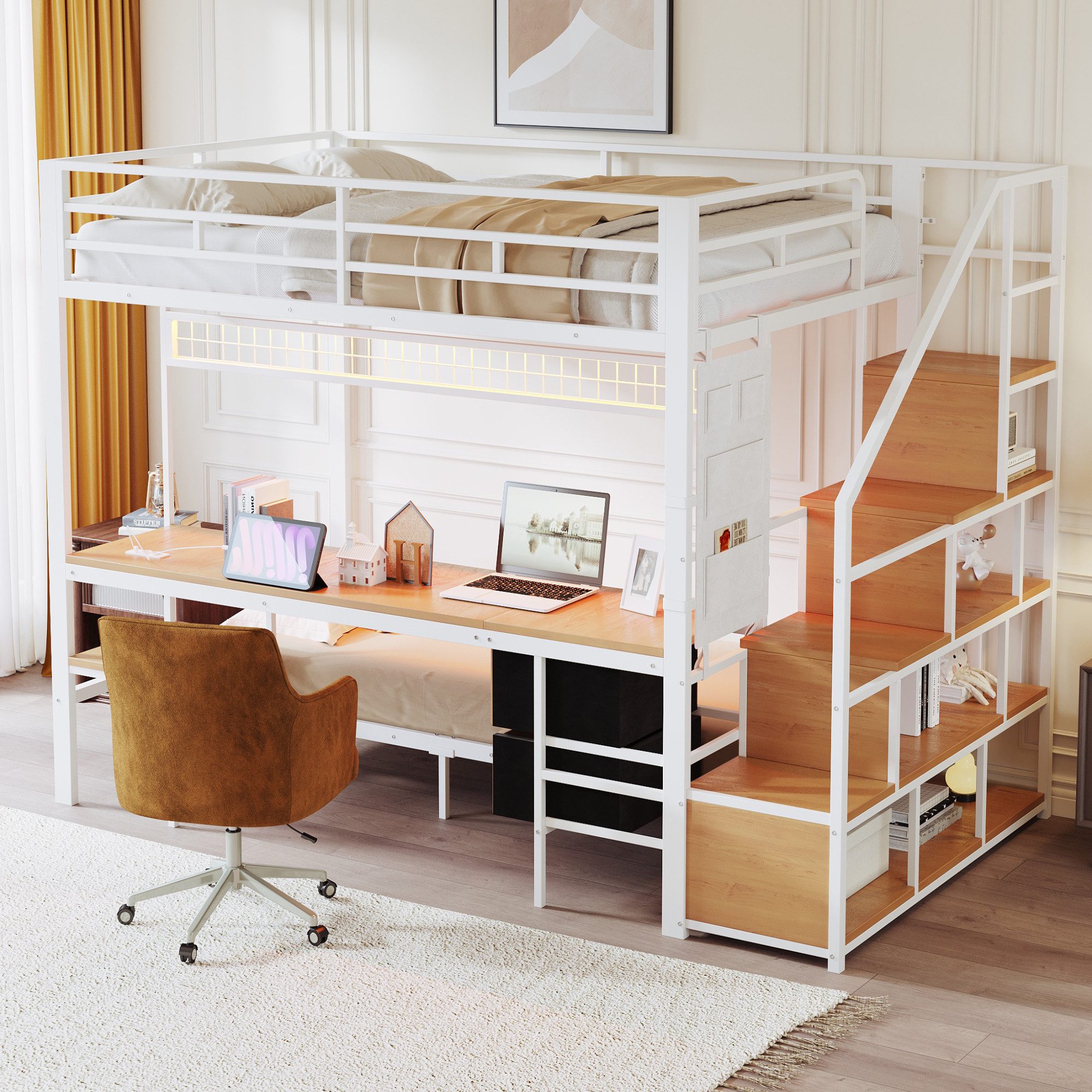 Merax Hochbett 90x200cm/140x200cm mit LED-Beleuchtung (1-St., Jugendbett Doppelbett Stockbett Kinderbett) Metallbett Hochbett mit Schreibtisch, Stauraumtreppe & Ablagefach