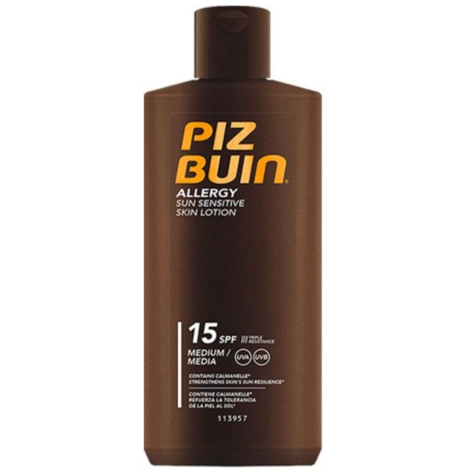 Piz Buin Sonnenschutzlotion Piz Buin Allergy Sonnenlotion SPF15 200 ml, 1-tlg., Mit Calmanelle für sonnenempfindliche Haut