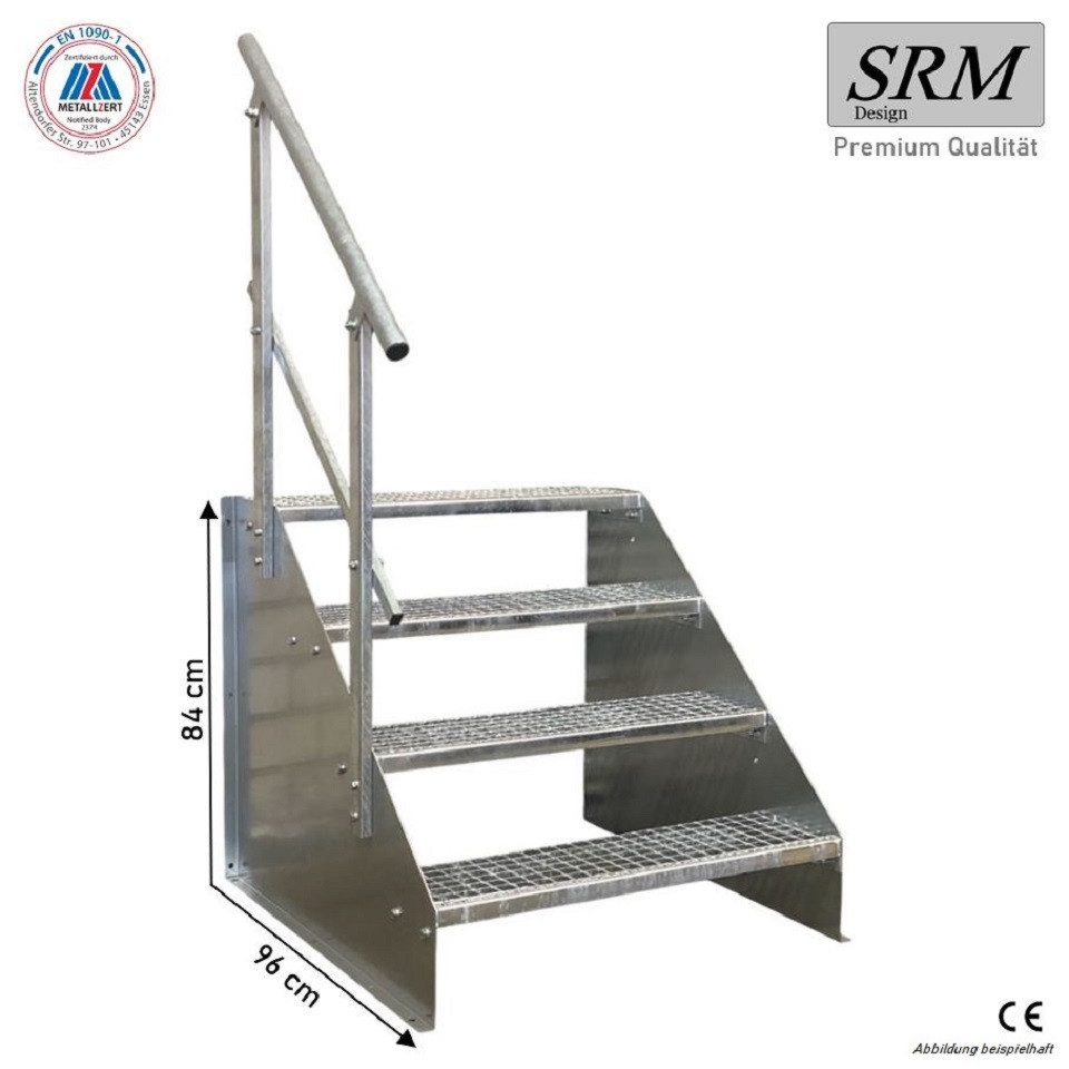 SRM Design Außentreppe 4 Stufen Standtreppe verzinkt, Breite 70cm, Höhe 84cm 1x Geländer
